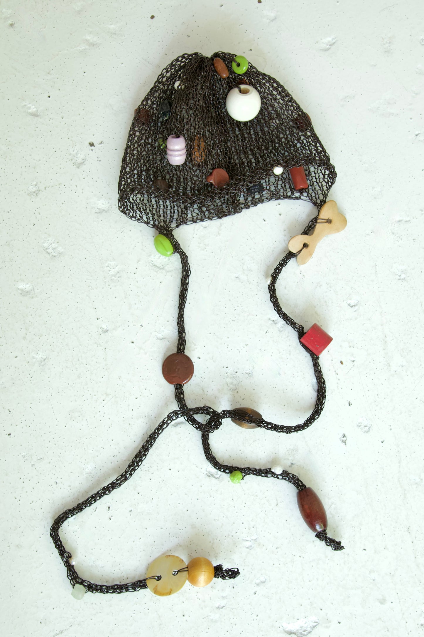 Debris Leather Scattered Beads & Things Fiber Art Knit Bonnet Cap