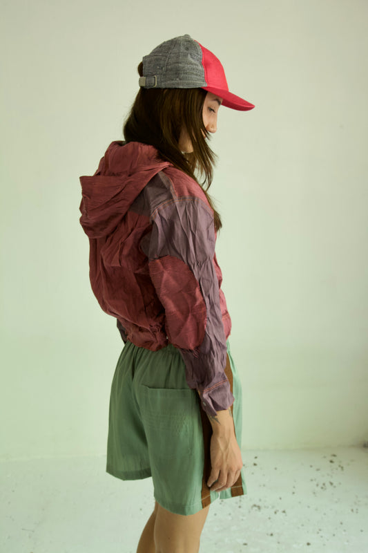 Crumpled Raw Thai Silk Double Zip Unisex Snap Hoodie (roses)