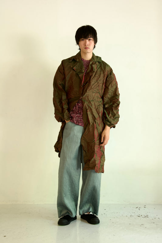 Crumpled Thai Silk Unisex Large Lapel Snap Coat (deep earth)
