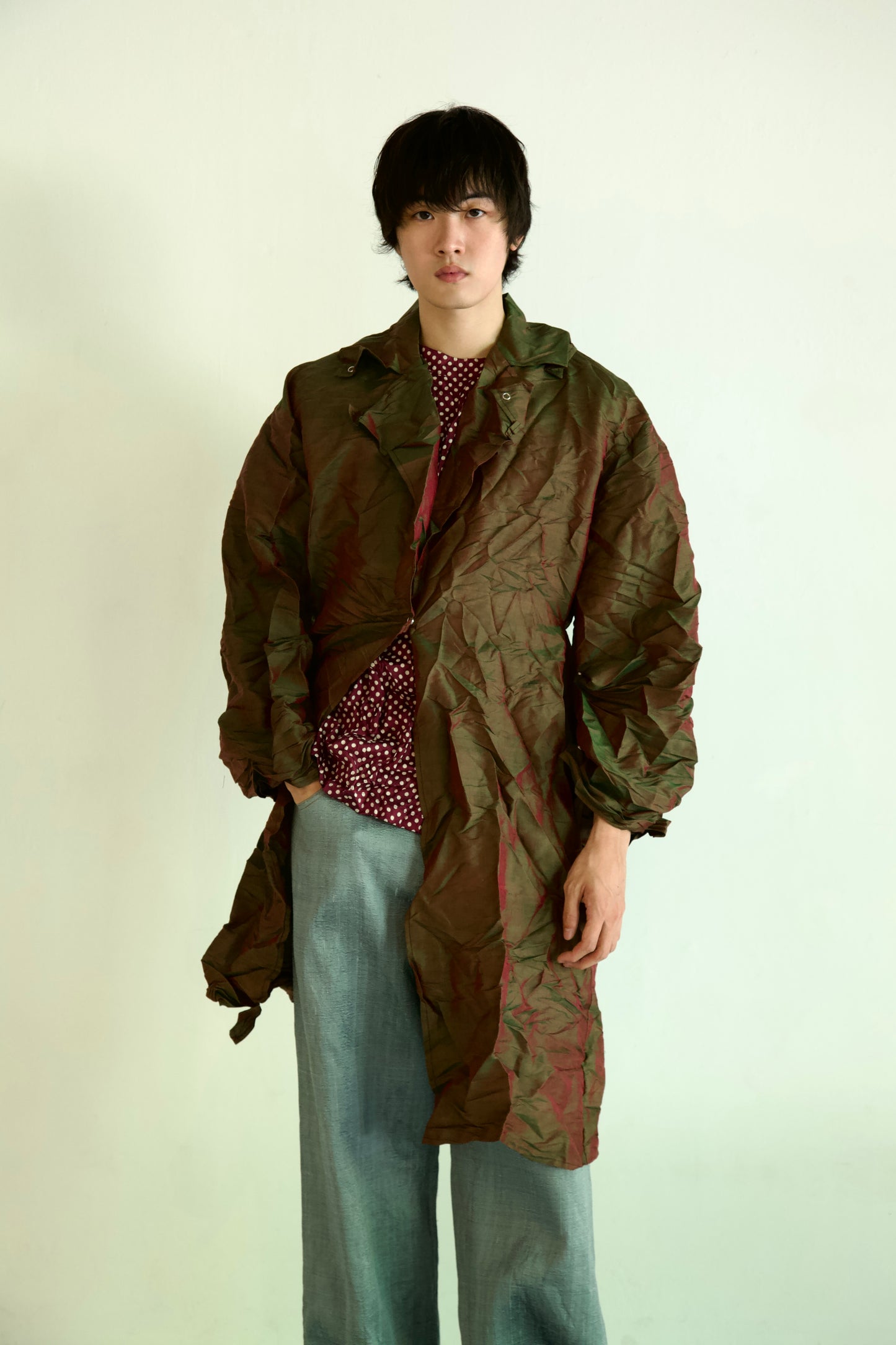 Crumpled Thai Silk Unisex Large Lapel Snap Coat (deep earth)
