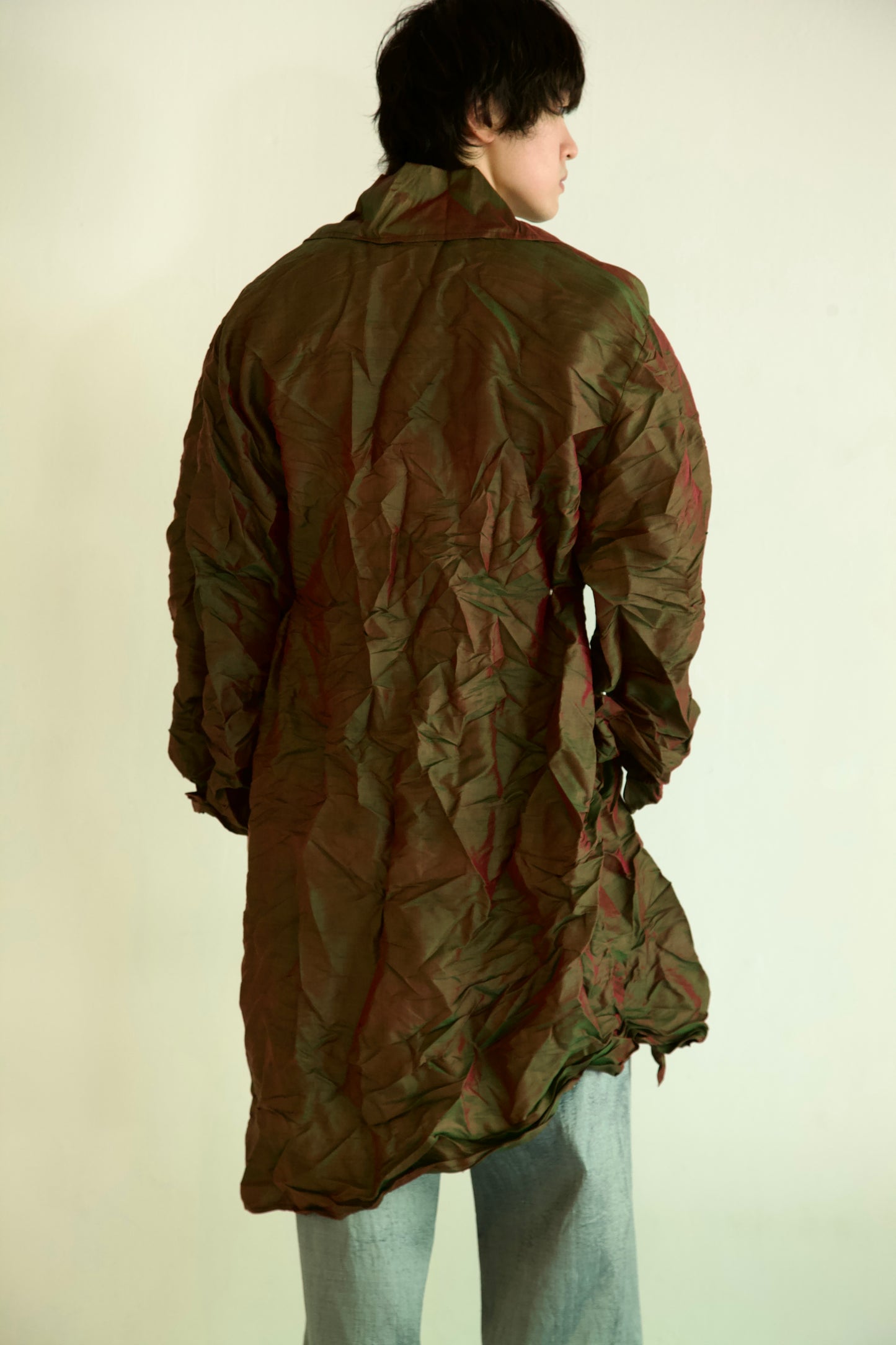 Crumpled Thai Silk Unisex Large Lapel Snap Coat (deep earth)