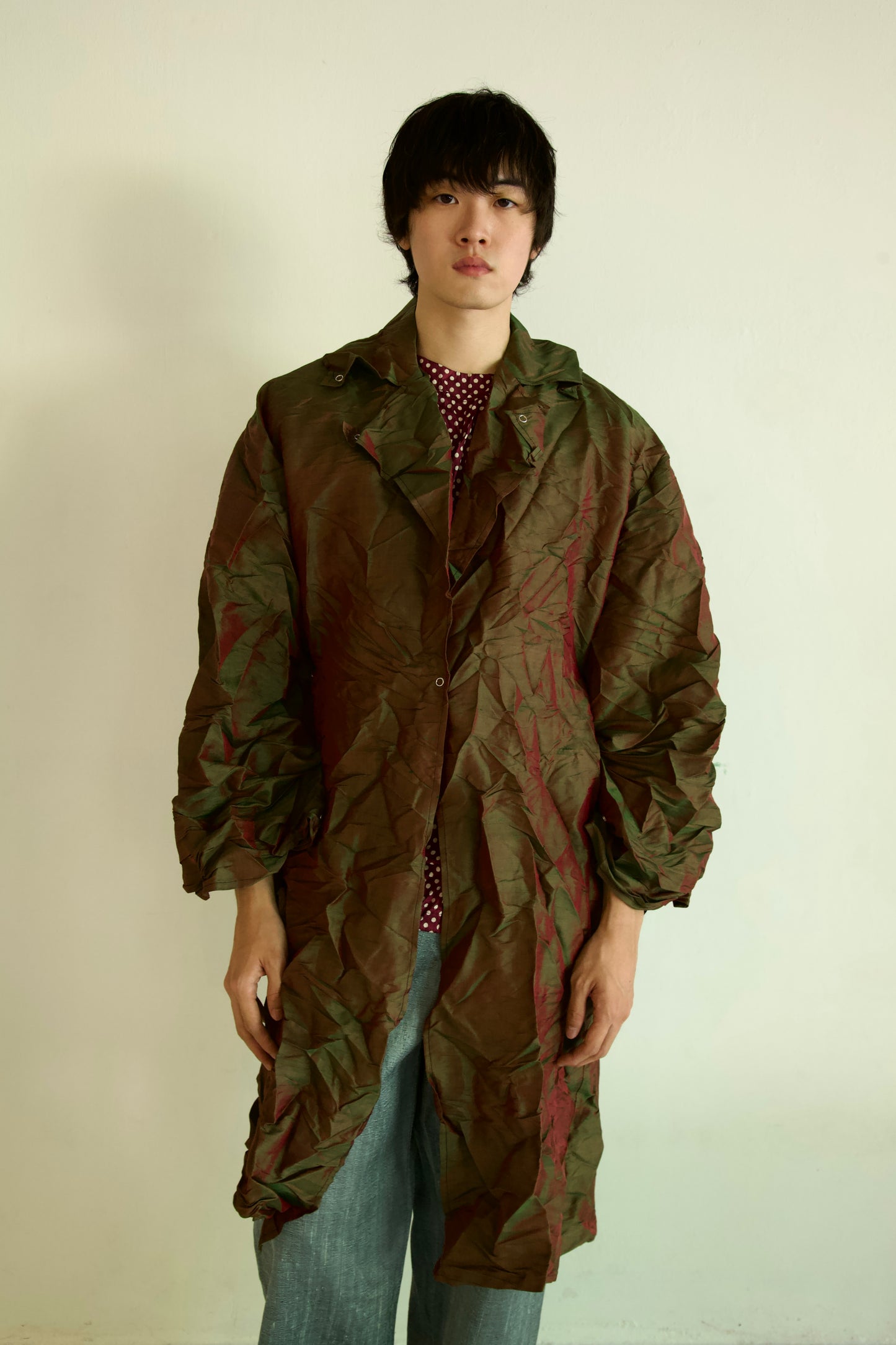 Crumpled Thai Silk Unisex Large Lapel Snap Coat (deep earth)