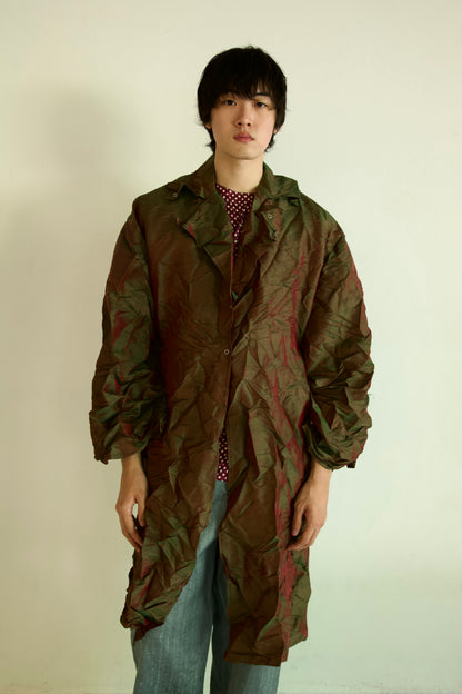 Crumpled Thai Silk Unisex Large Lapel Snap Coat (deep earth)