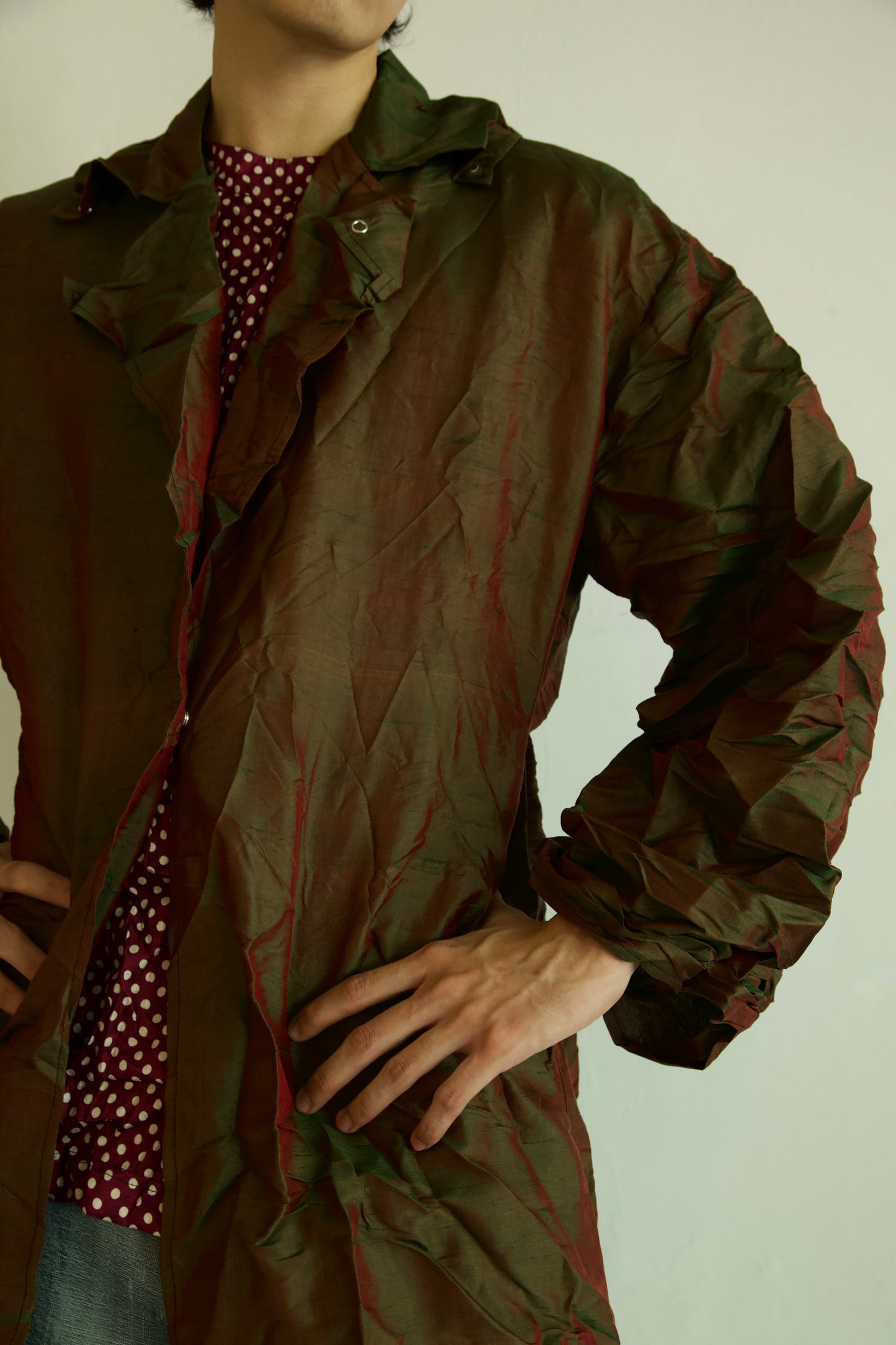 Crumpled Thai Silk Unisex Large Lapel Snap Coat (deep earth)