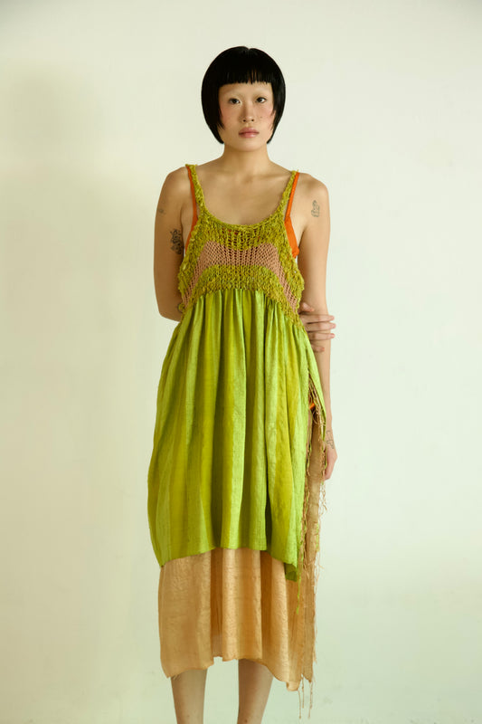 Debris Knit Hand-Spun Thai Silk Woven Scarf Long Sleeve Split Tunic Dress (verdant)
