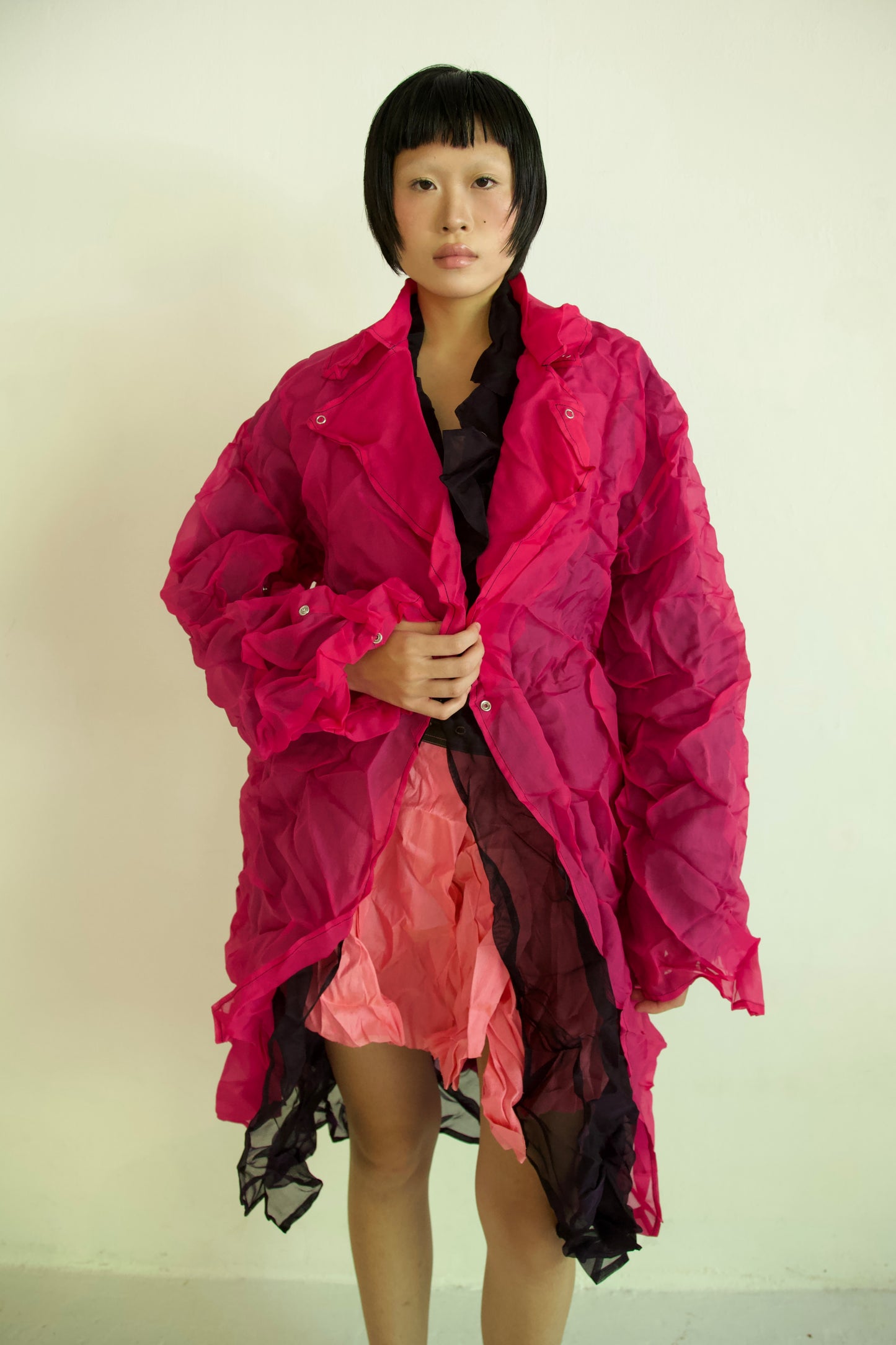 Crumpled Thai Silk Unisex Large Lapel Snap Coat (deep earth)
