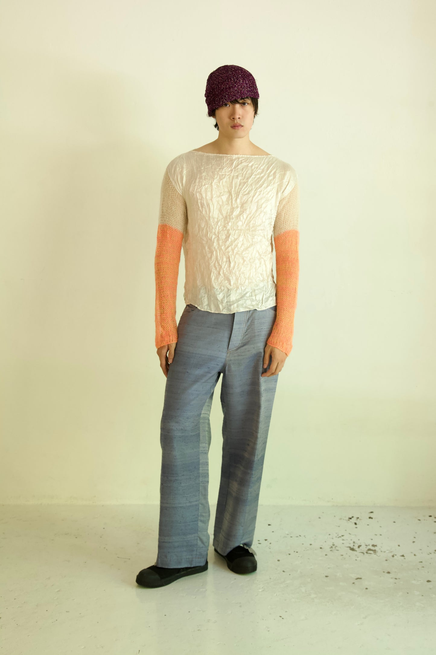 Debris Unisex Knit Hand-Woven Thai Silk Scarf + Light Mohair Long Sleeve Tee (creamsicle)