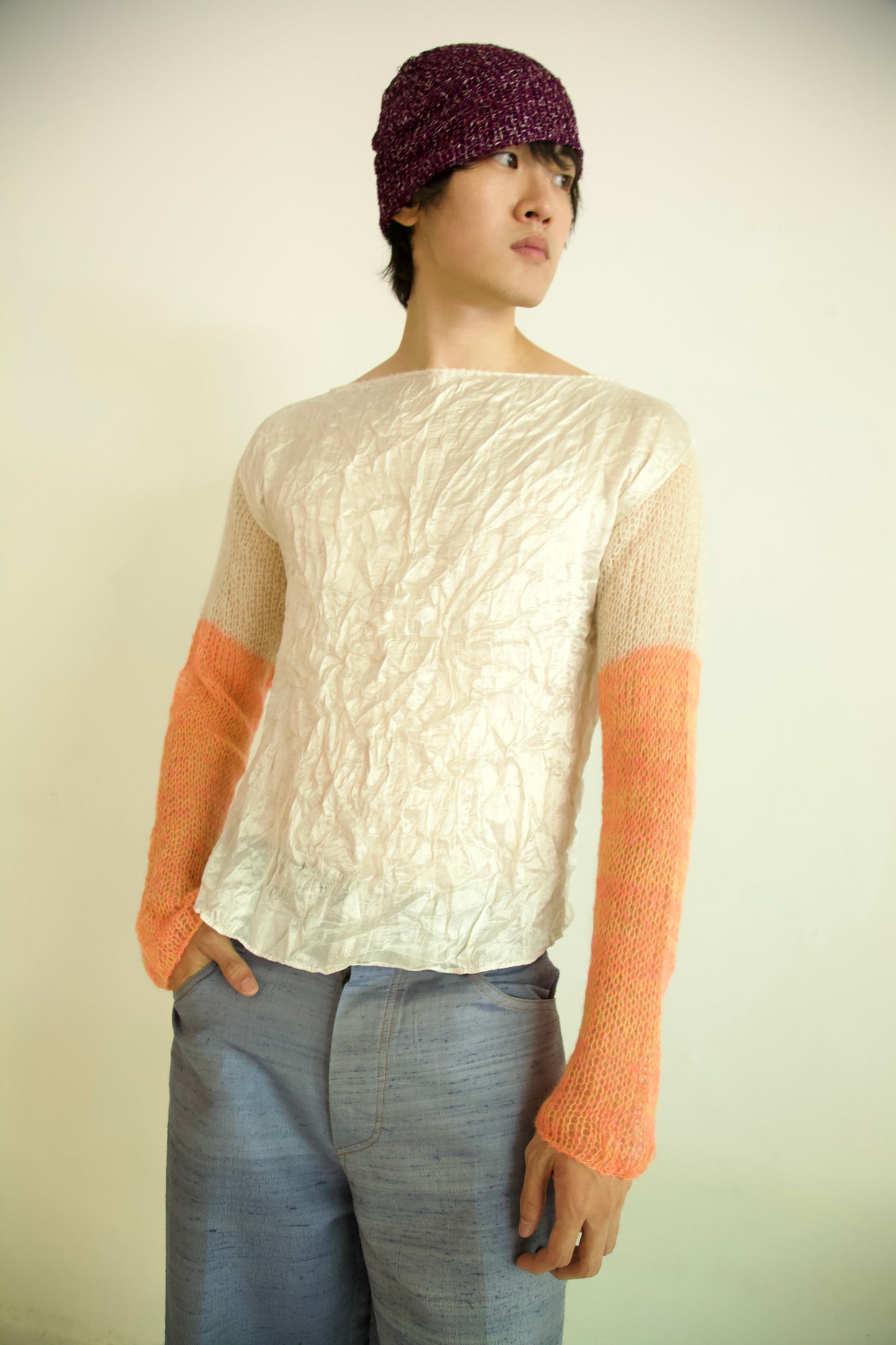 Debris Unisex Knit Hand-Woven Thai Silk Scarf + Light Mohair Long Sleeve Tee (creamsicle)