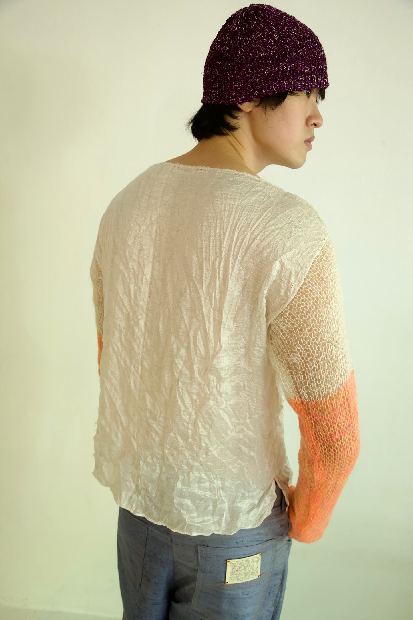 Debris Unisex Knit Hand-Woven Thai Silk Scarf + Light Mohair Long Sleeve Tee (creamsicle)