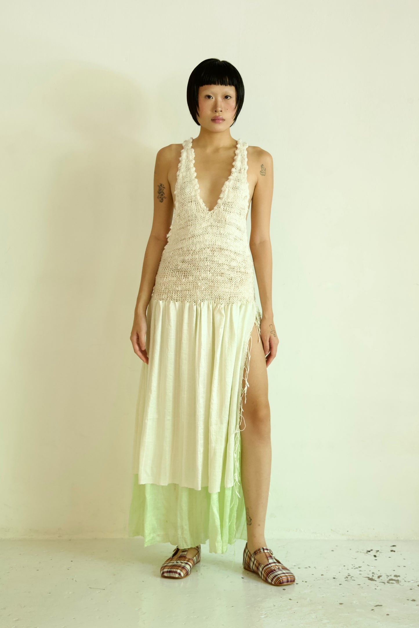 Debris Knit Hand-Spun Thai Silk Woven Scarf Long Sleeve Split Pinafore Dress (milk&absinthe)