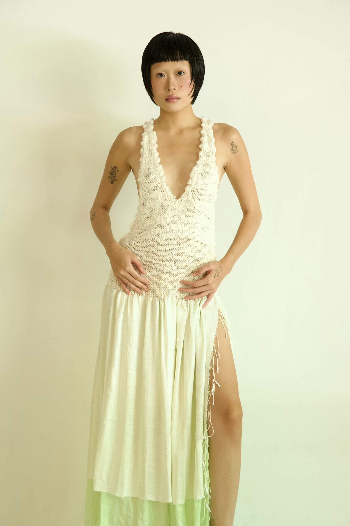 Debris Knit Hand-Spun Thai Silk Woven Scarf Long Sleeve Split Pinafore Dress (milk&absinthe)