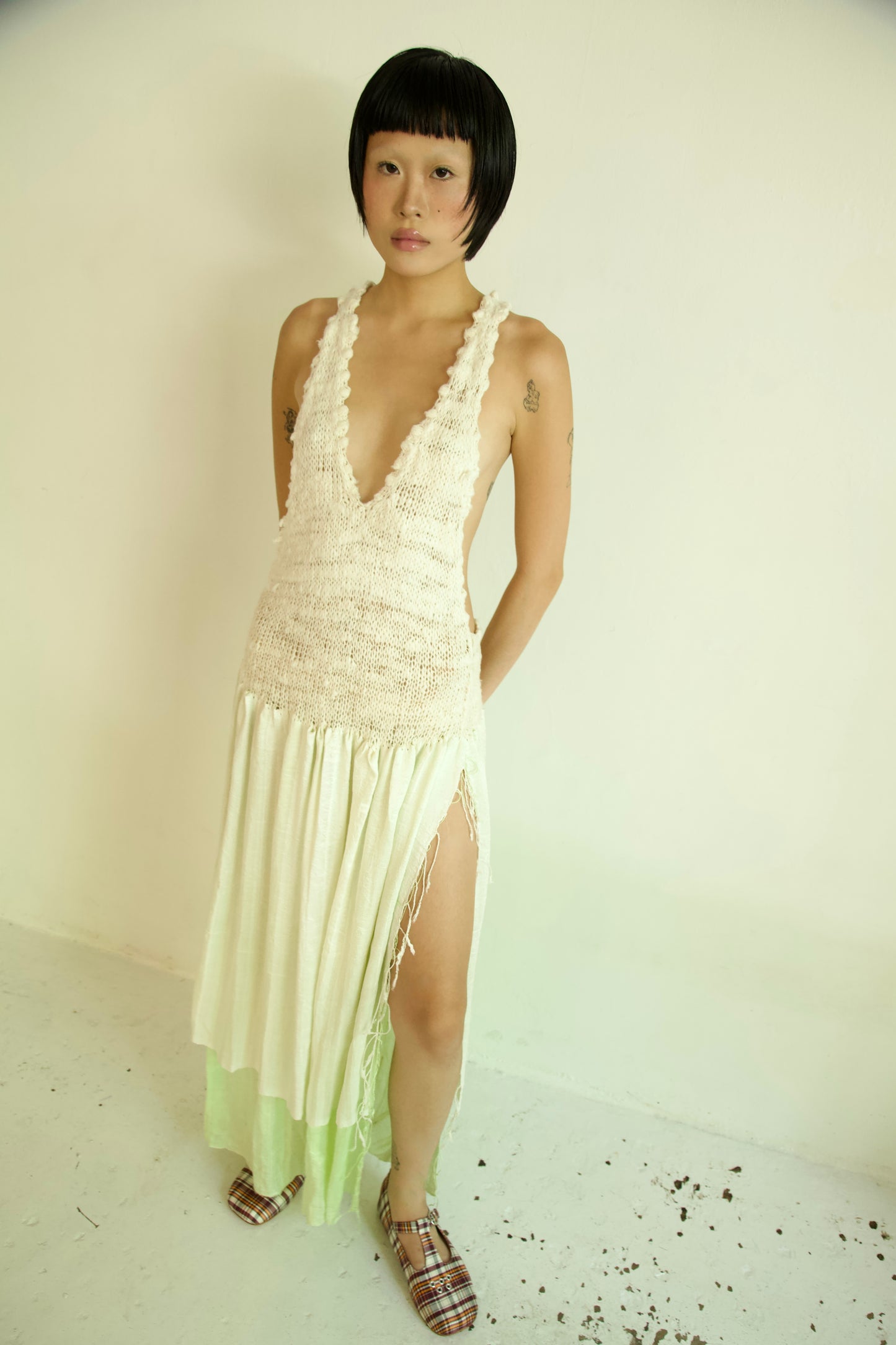 Debris Knit Hand-Spun Thai Silk Woven Scarf Long Sleeve Split Pinafore Dress (milk&absinthe)