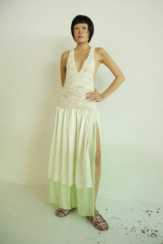 Debris Knit Hand-Spun Thai Silk Woven Scarf Long Sleeve Split Pinafore Dress (milk&absinthe)