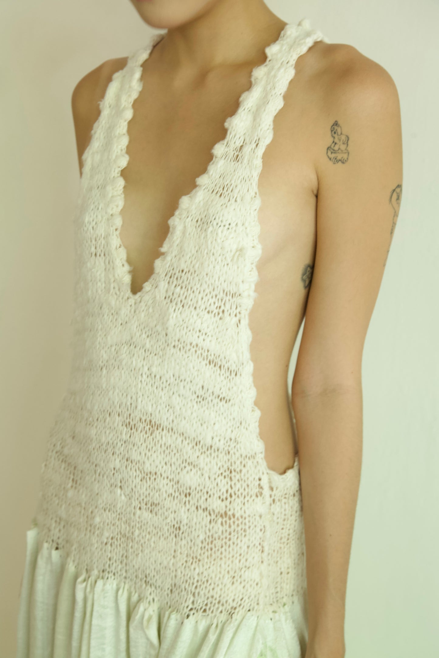 Debris Knit Hand-Spun Thai Silk Woven Scarf Long Sleeve Split Pinafore Dress (milk&absinthe)