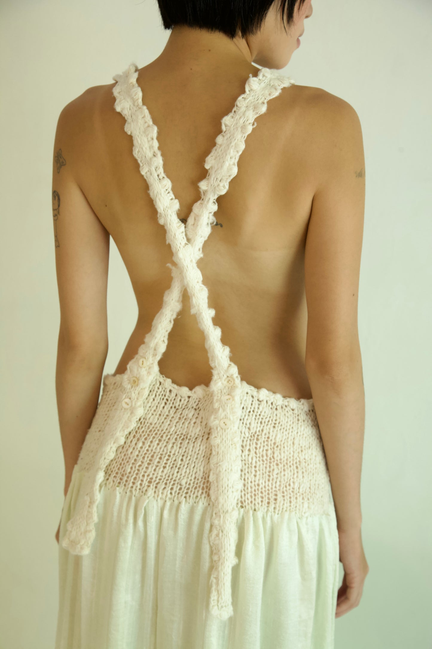 Debris Knit Hand-Spun Thai Silk Woven Scarf Long Sleeve Split Pinafore Dress (milk&absinthe)