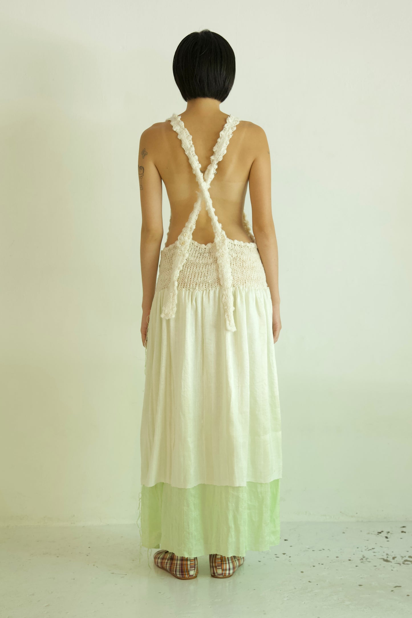 Debris Knit Hand-Spun Thai Silk Woven Scarf Long Sleeve Split Pinafore Dress (milk&absinthe)