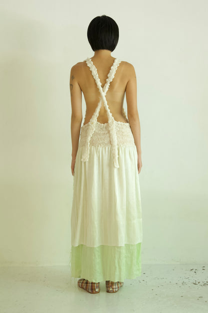 Debris Knit Hand-Spun Thai Silk Woven Scarf Long Sleeve Split Pinafore Dress (milk&absinthe)