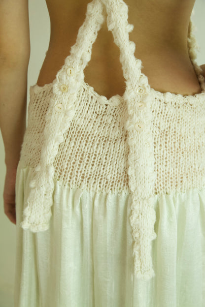 Debris Knit Hand-Spun Thai Silk Woven Scarf Long Sleeve Split Pinafore Dress (milk&absinthe)