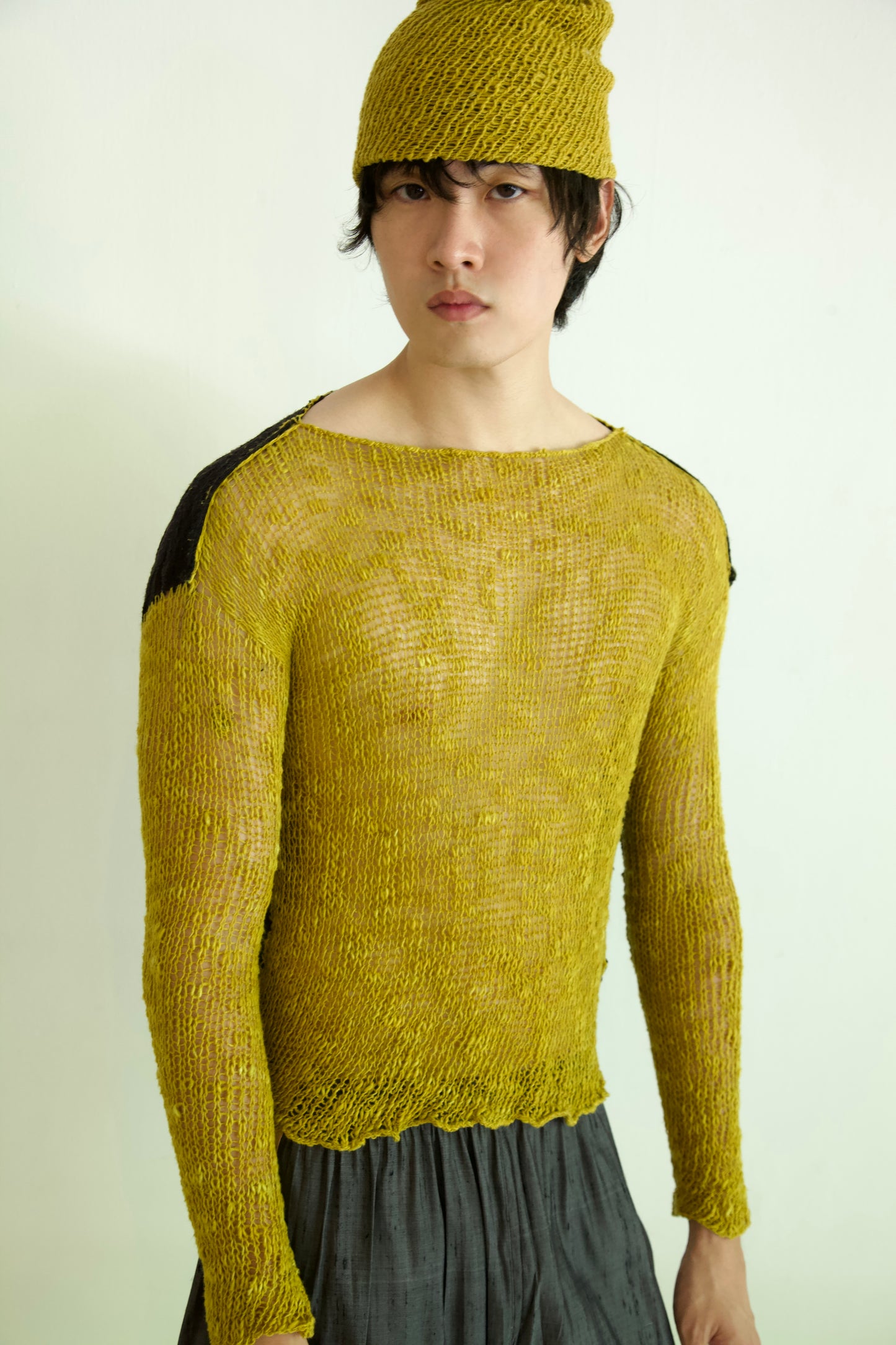 Debris Unisex Knit Hand-Spun Cotton + Hand-Woven Thai Silk Scarf Long Sleeve Tee & Beanie Set (soup)