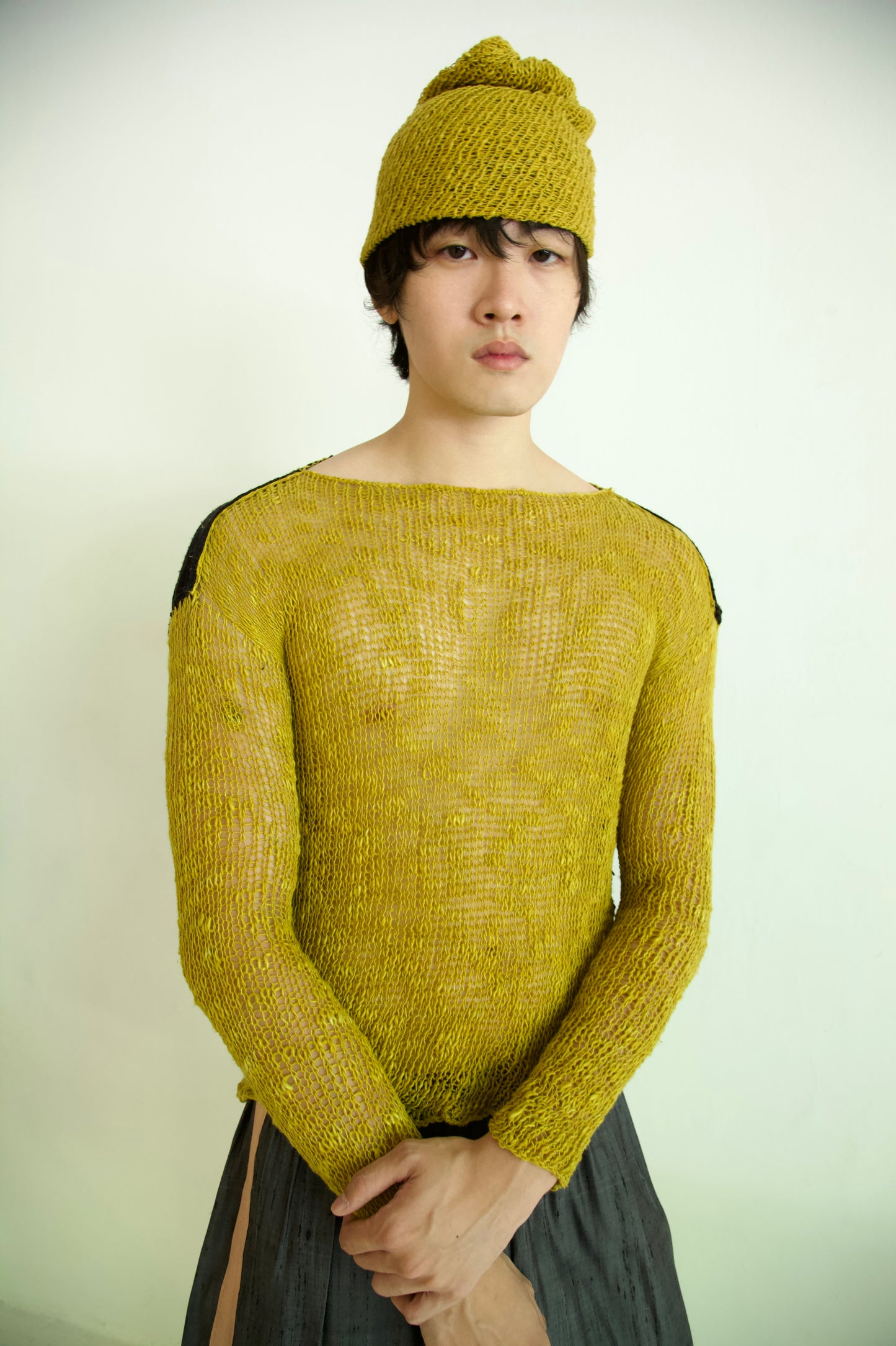 Debris Unisex Knit Hand-Spun Cotton + Hand-Woven Thai Silk Scarf Long Sleeve Tee & Beanie Set (soup)
