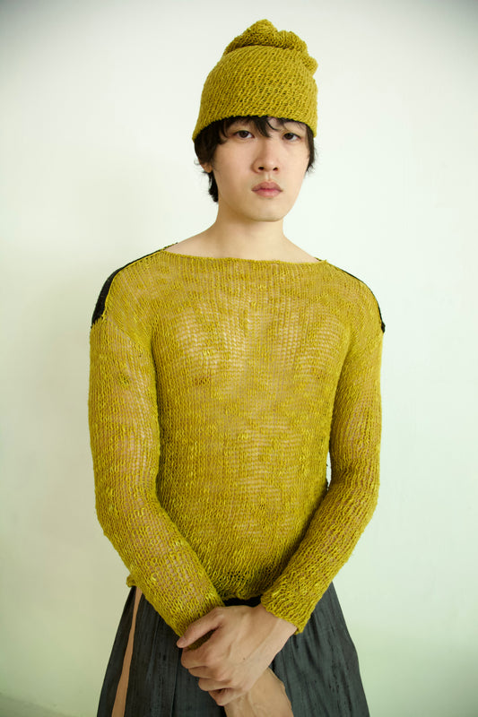 Debris Unisex Knit Hand-Spun Cotton + Hand-Woven Thai Silk Scarf Long Sleeve Tee & Beanie Set (soup)