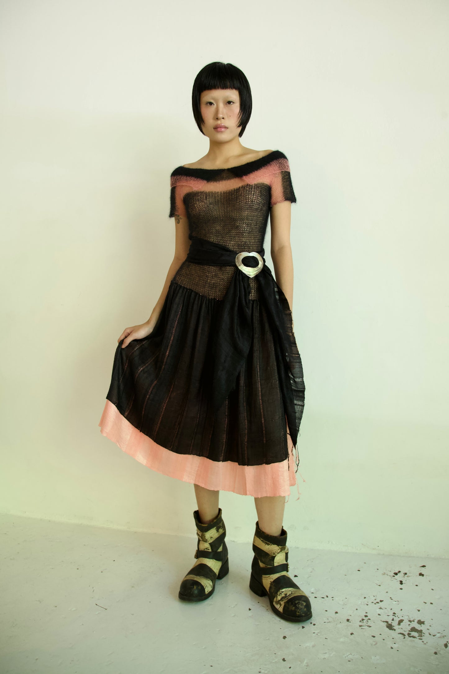 Debris Knit Hand-Spun Thai Silk and Light Mohair Woven Scarf Long Sleeve Split Tunic Dress + Sash (midnight blush)