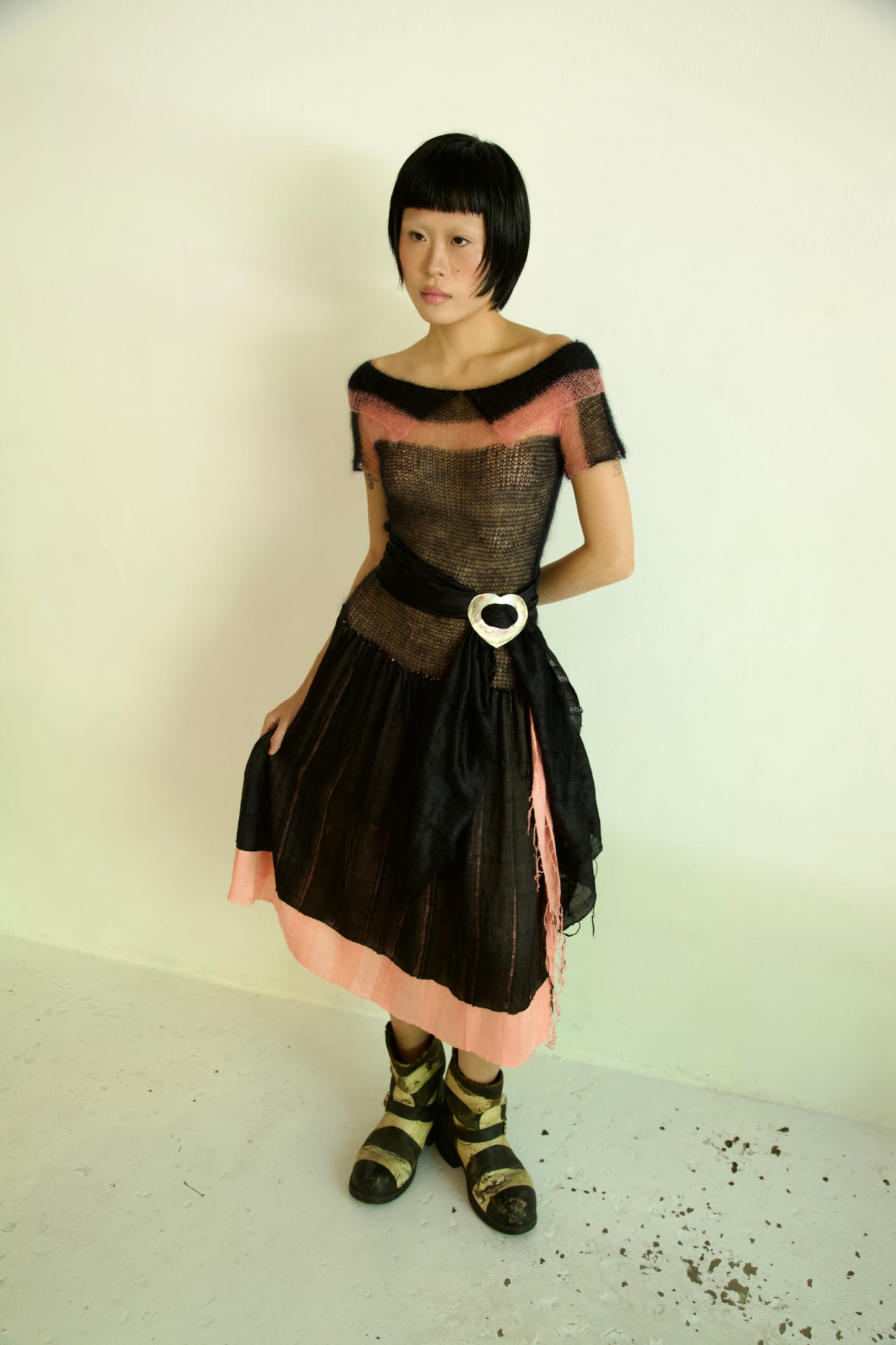 Debris Knit Hand-Spun Thai Silk and Light Mohair Woven Scarf Long Sleeve Split Tunic Dress + Sash (midnight blush)