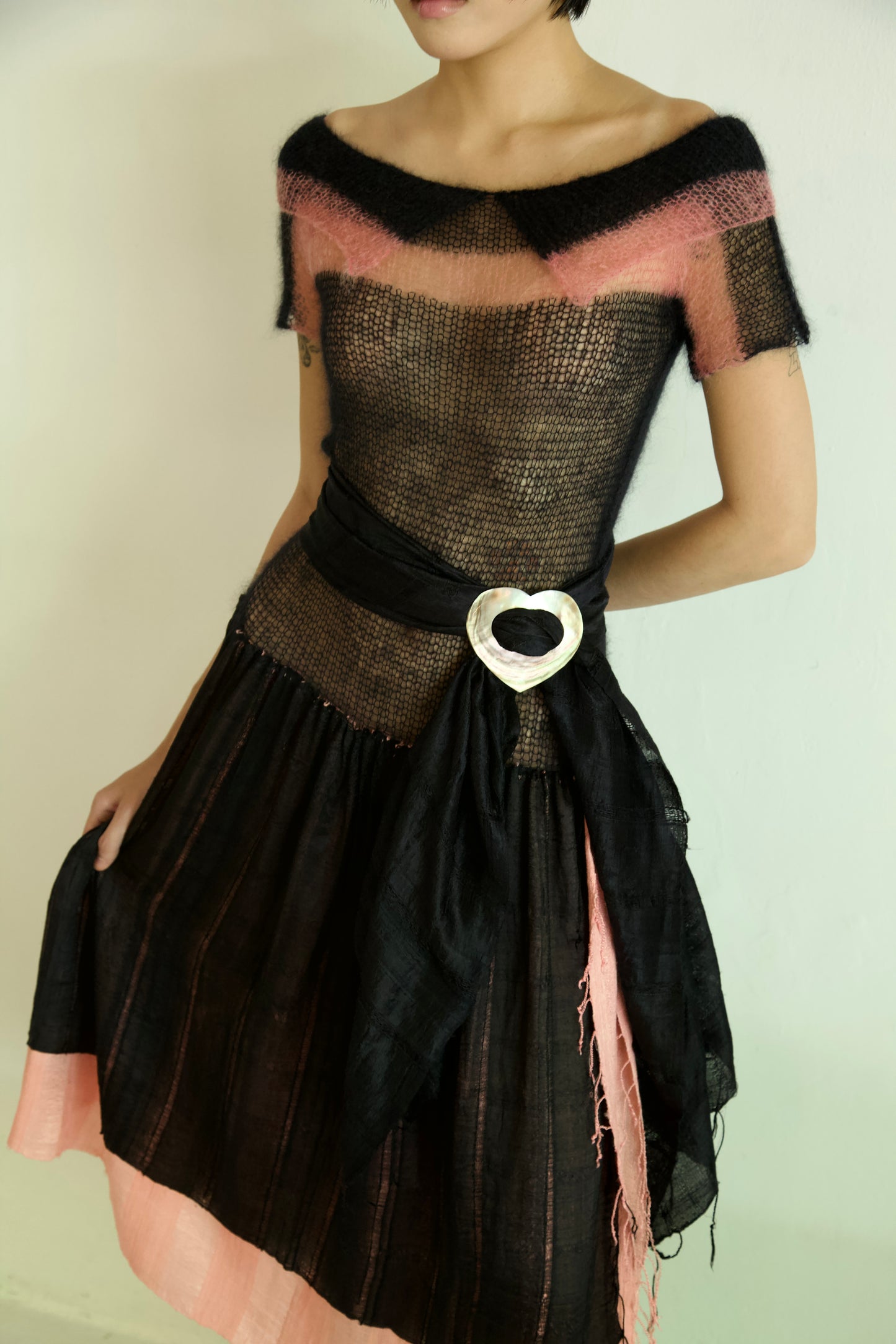 Debris Knit Hand-Spun Thai Silk and Light Mohair Woven Scarf Long Sleeve Split Tunic Dress + Sash (midnight blush)