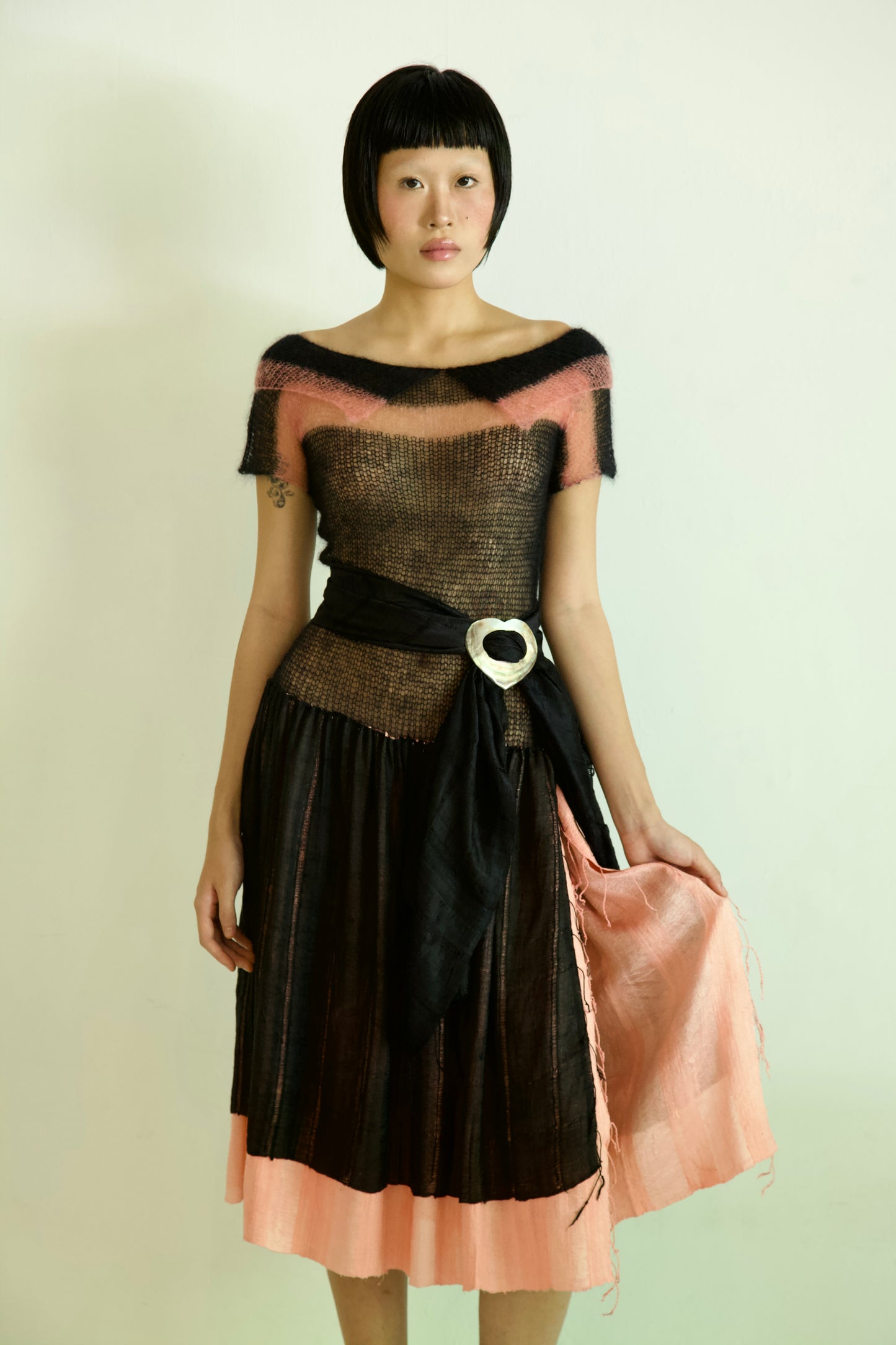 Debris Knit Hand-Spun Thai Silk and Light Mohair Woven Scarf Long Sleeve Split Tunic Dress + Sash (midnight blush)