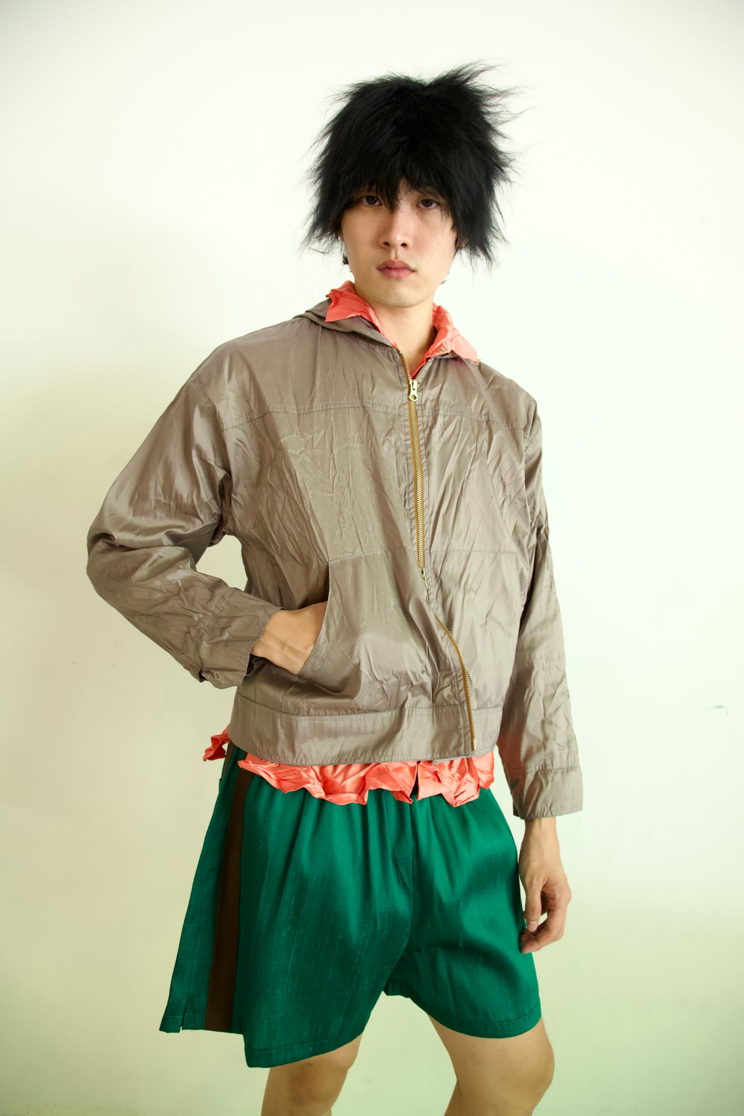 Crumpled Thai Silk Double Zip Unisex Snap Hoodie (ash)
