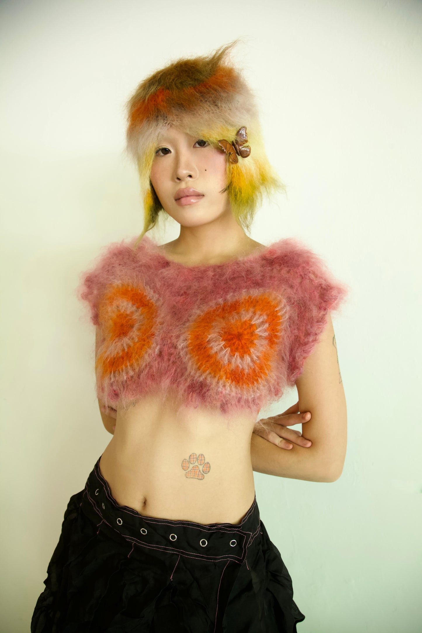 NR Blur Brushed One-of-a-kind Crocheted Mohair Target Top