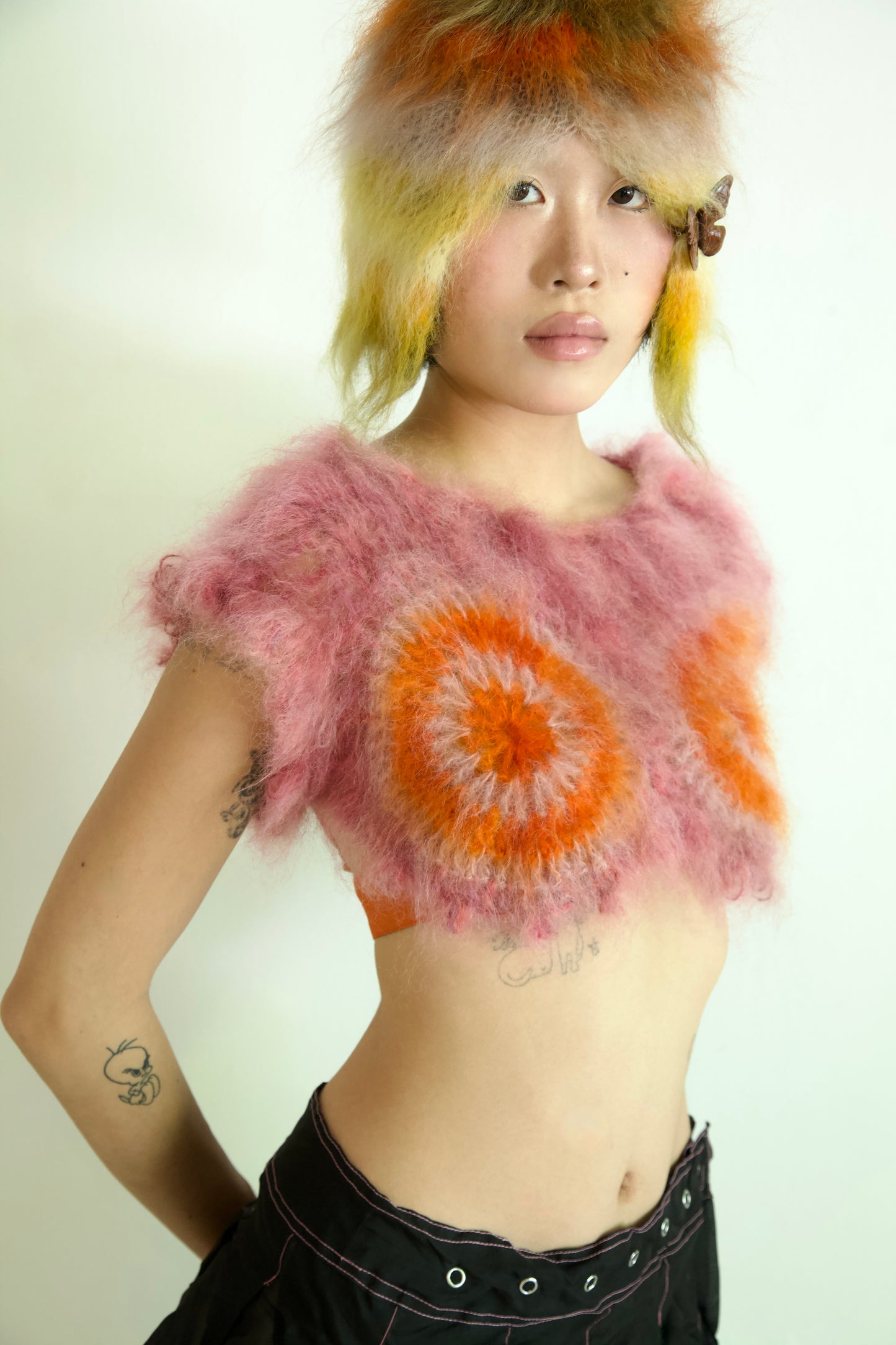 NR Blur Brushed One-of-a-kind Crocheted Mohair Target Top