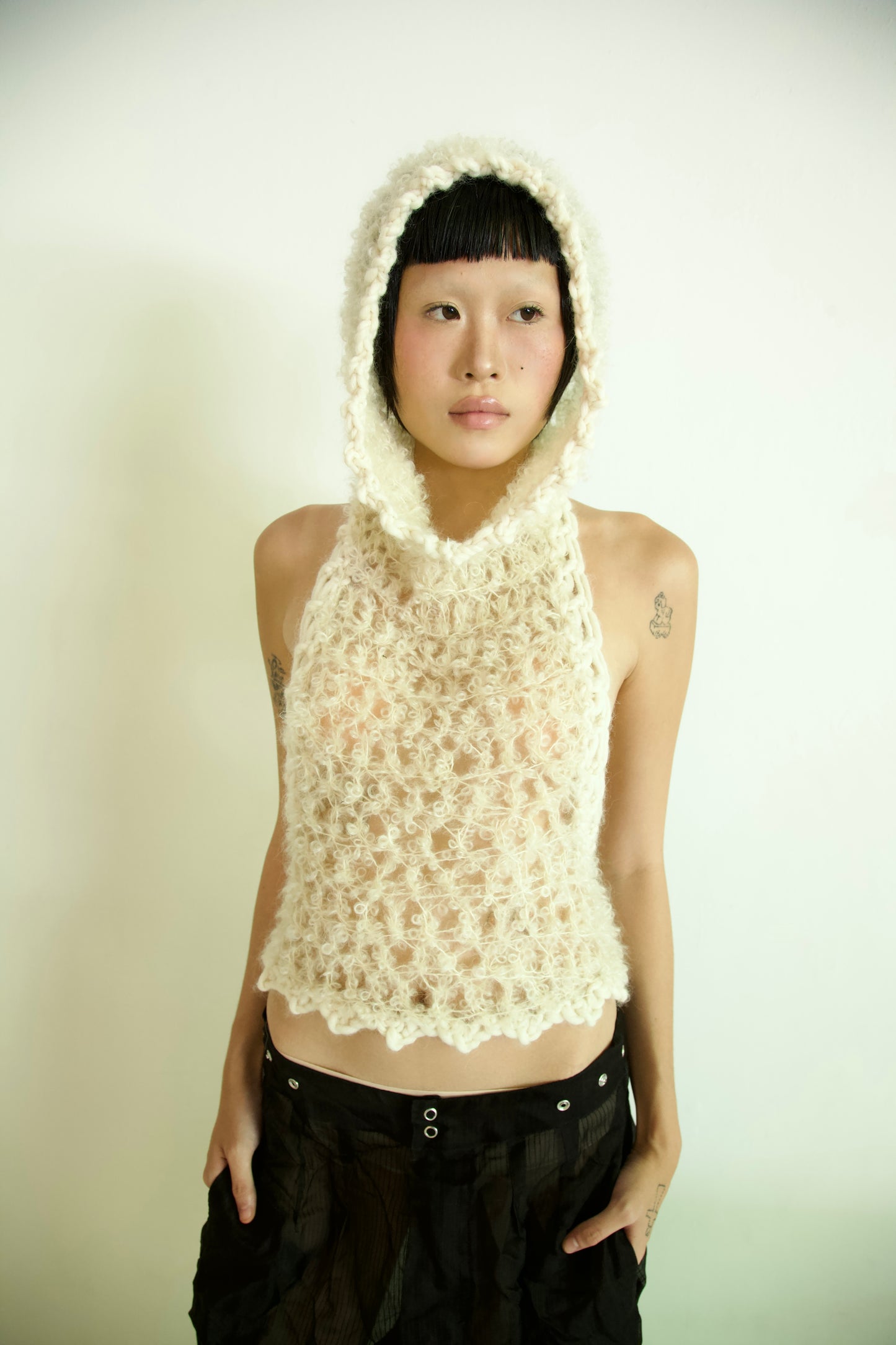 NR Original Hooded Crocheted One-of-a-kind Boucle Curly Mohair + Alpaca Top