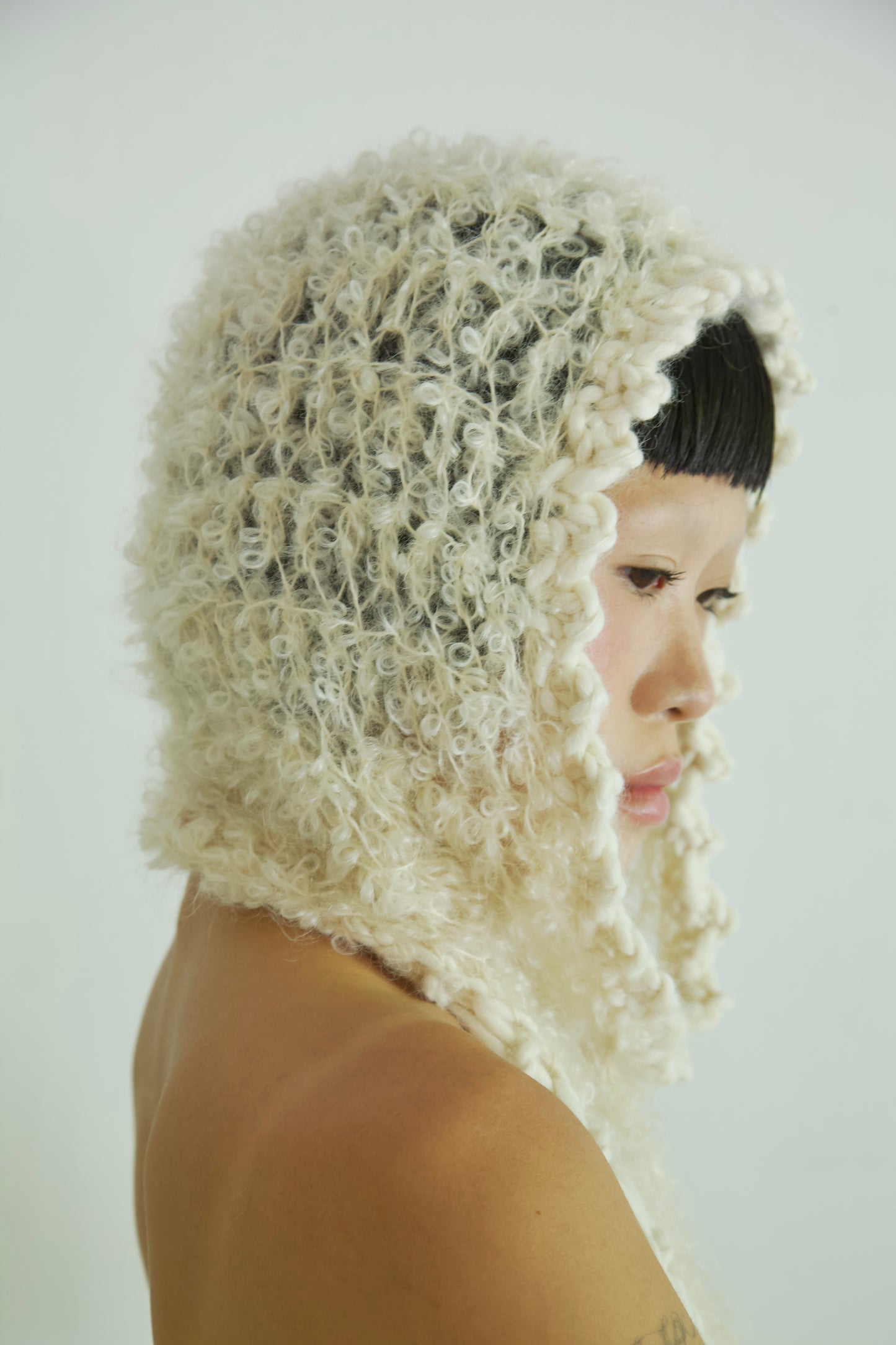 NR Original Hooded Crocheted One-of-a-kind Boucle Curly Mohair + Alpaca Top