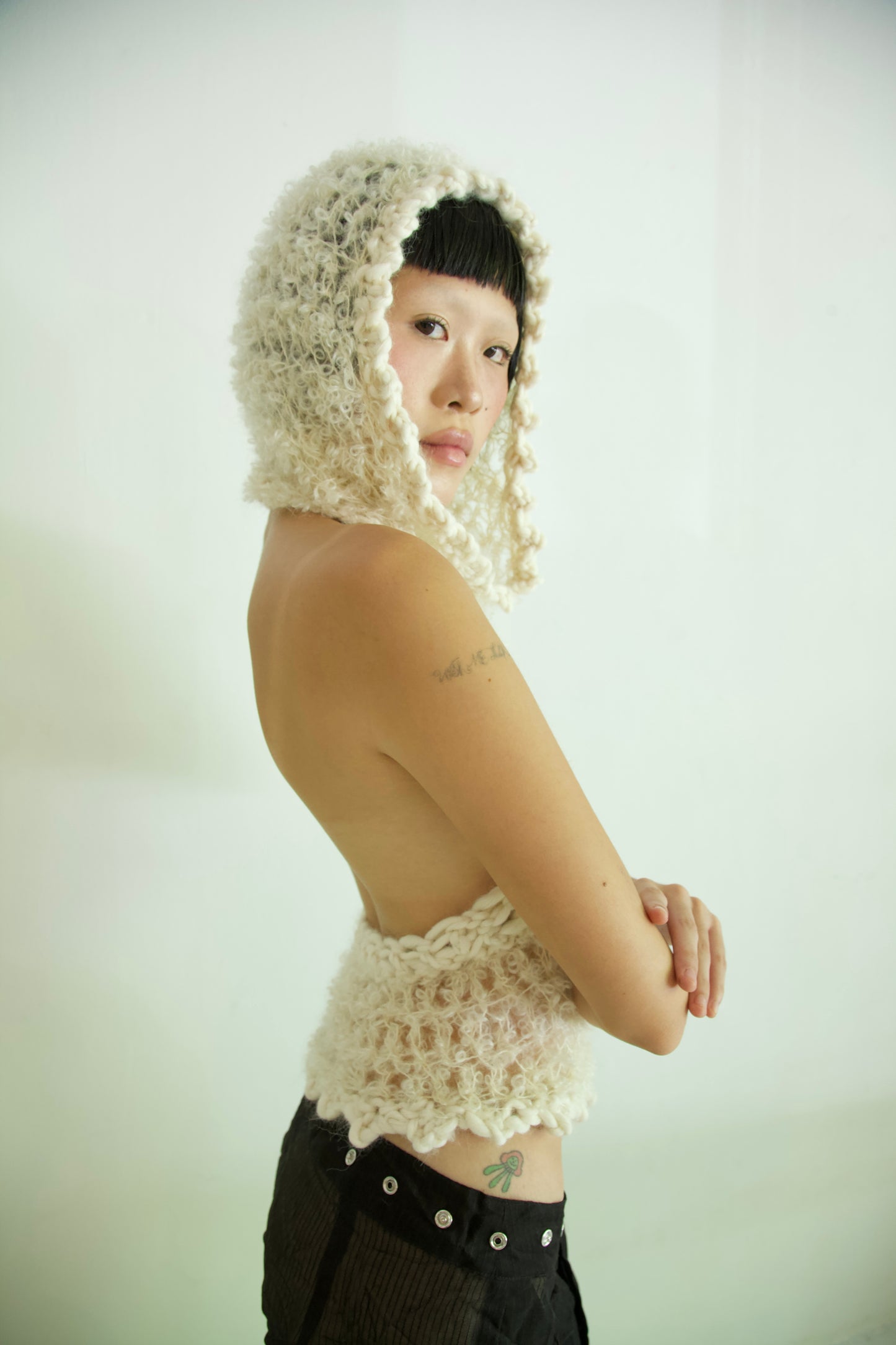 NR Original Hooded Crocheted One-of-a-kind Boucle Curly Mohair + Alpaca Top