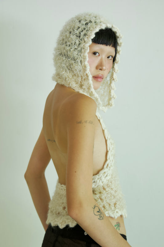 NR Original Hooded Crocheted One-of-a-kind Boucle Curly Mohair + Alpaca Top