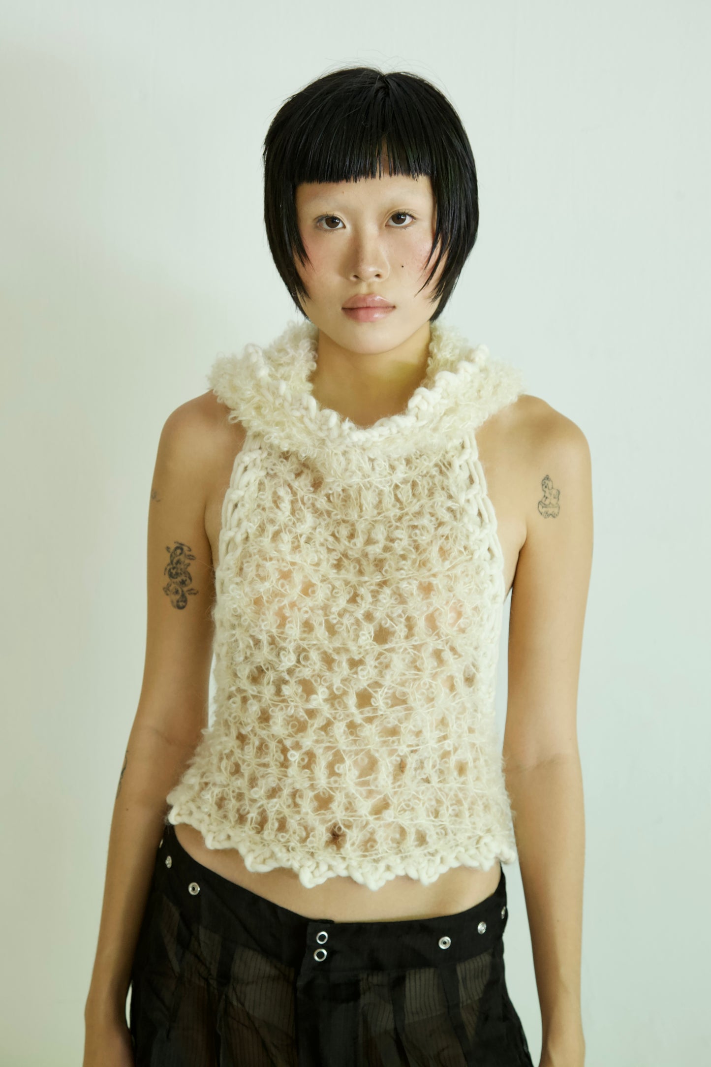 NR Original Hooded Crocheted One-of-a-kind Boucle Curly Mohair + Alpaca Top