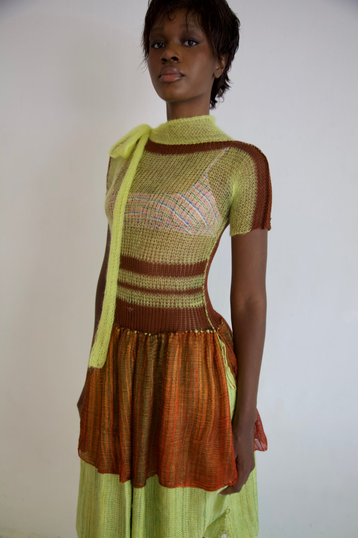 Debris Knit Thai Cotton and Light Mohair Thai Silk Hand-Woven Scarf Split Tunic Dress (neon/soil)