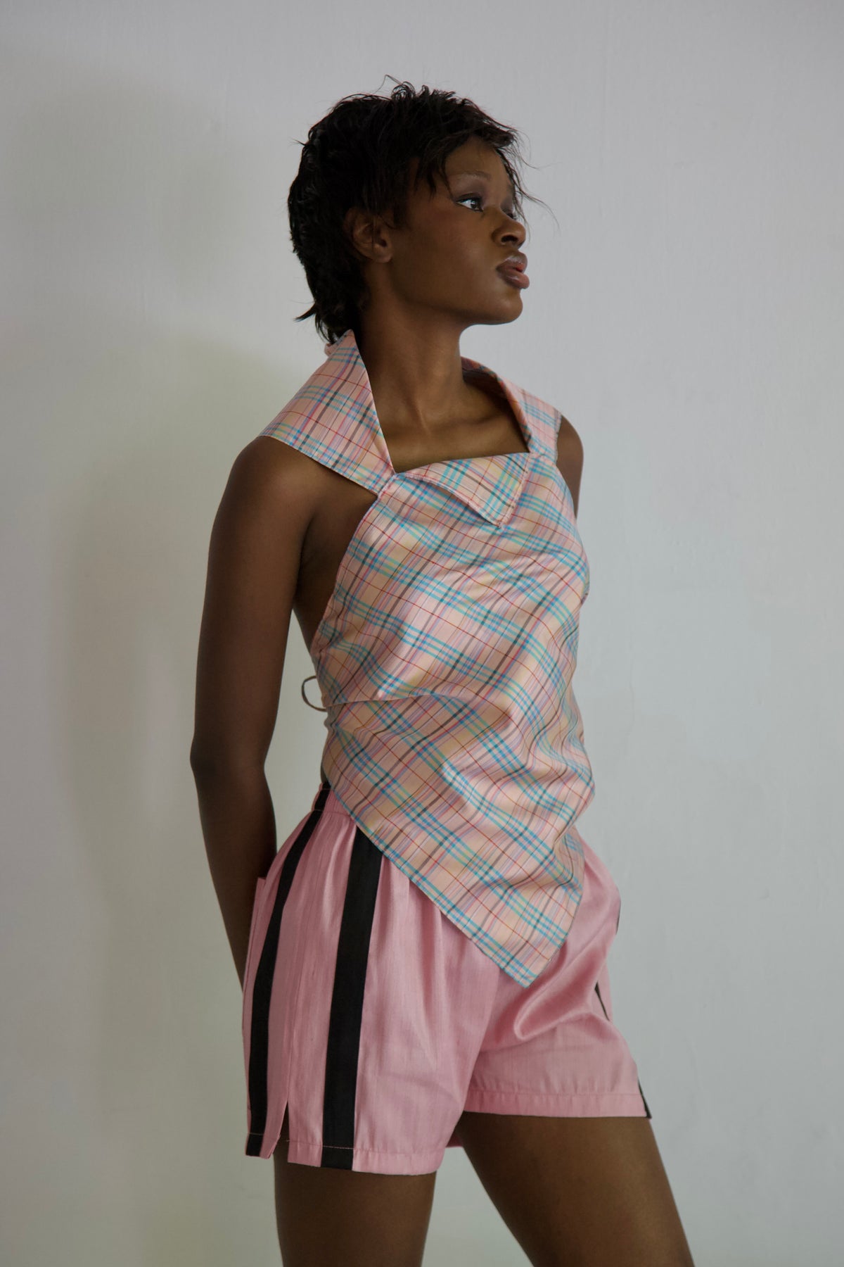Handwoven Raw Thai Silk Hankie Halter Top (blush plaid)
