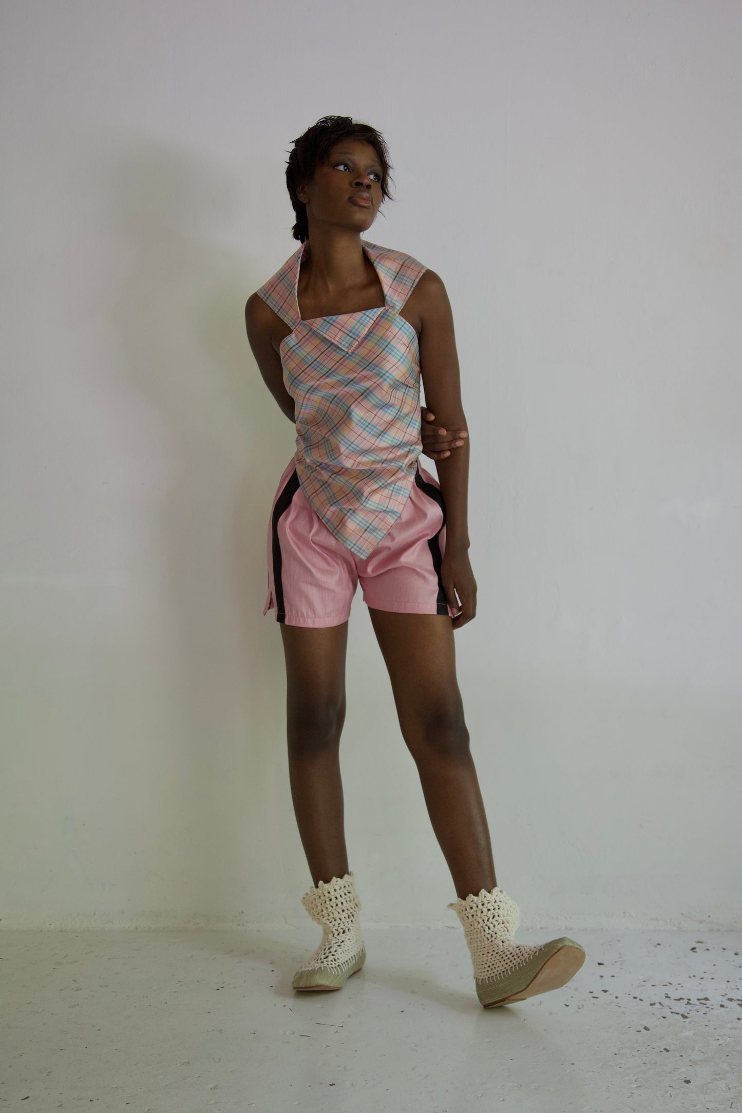 Handwoven Raw Thai Silk Hankie Halter Top (blush plaid)