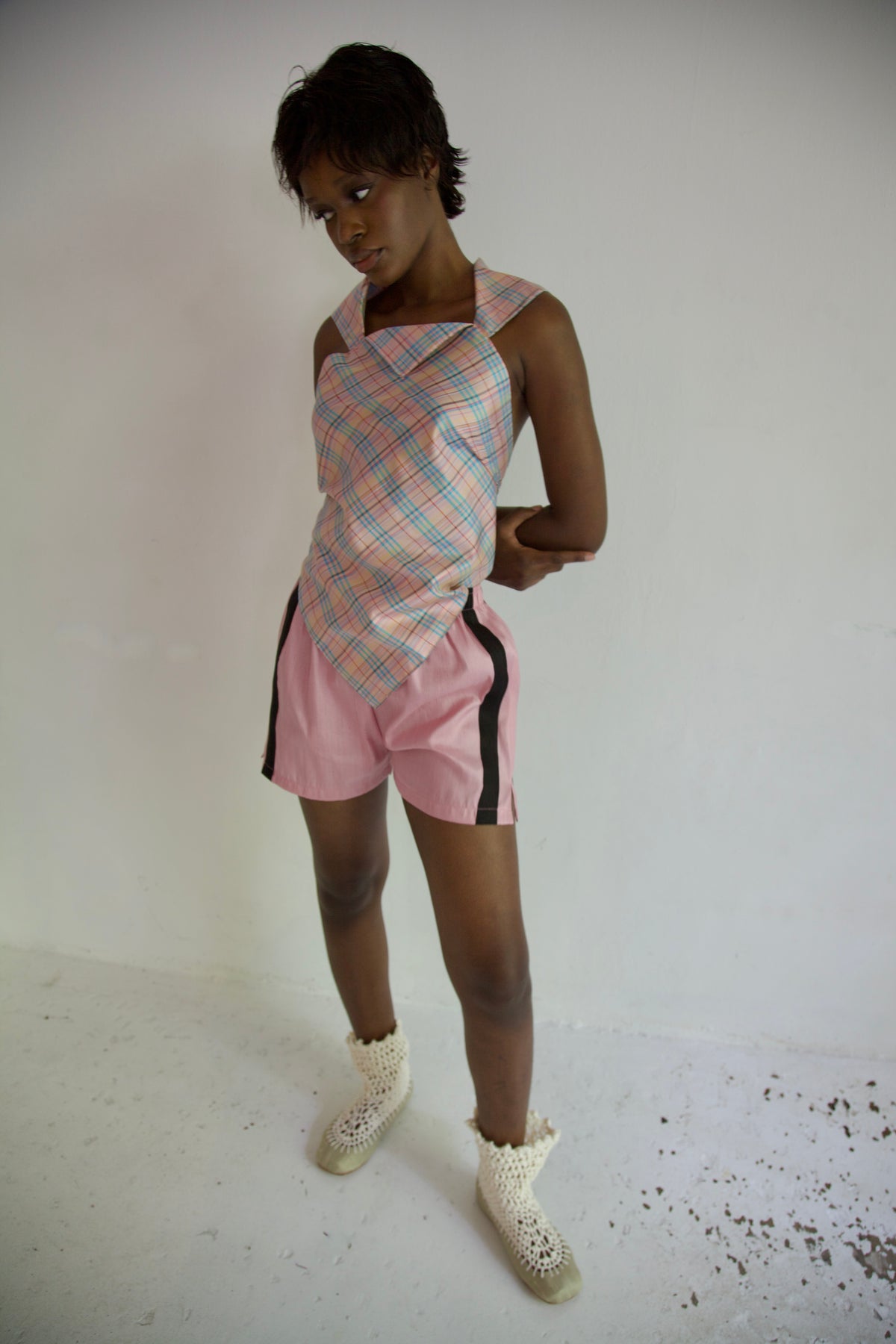 Handwoven Raw Thai Silk Hankie Halter Top (blush plaid)