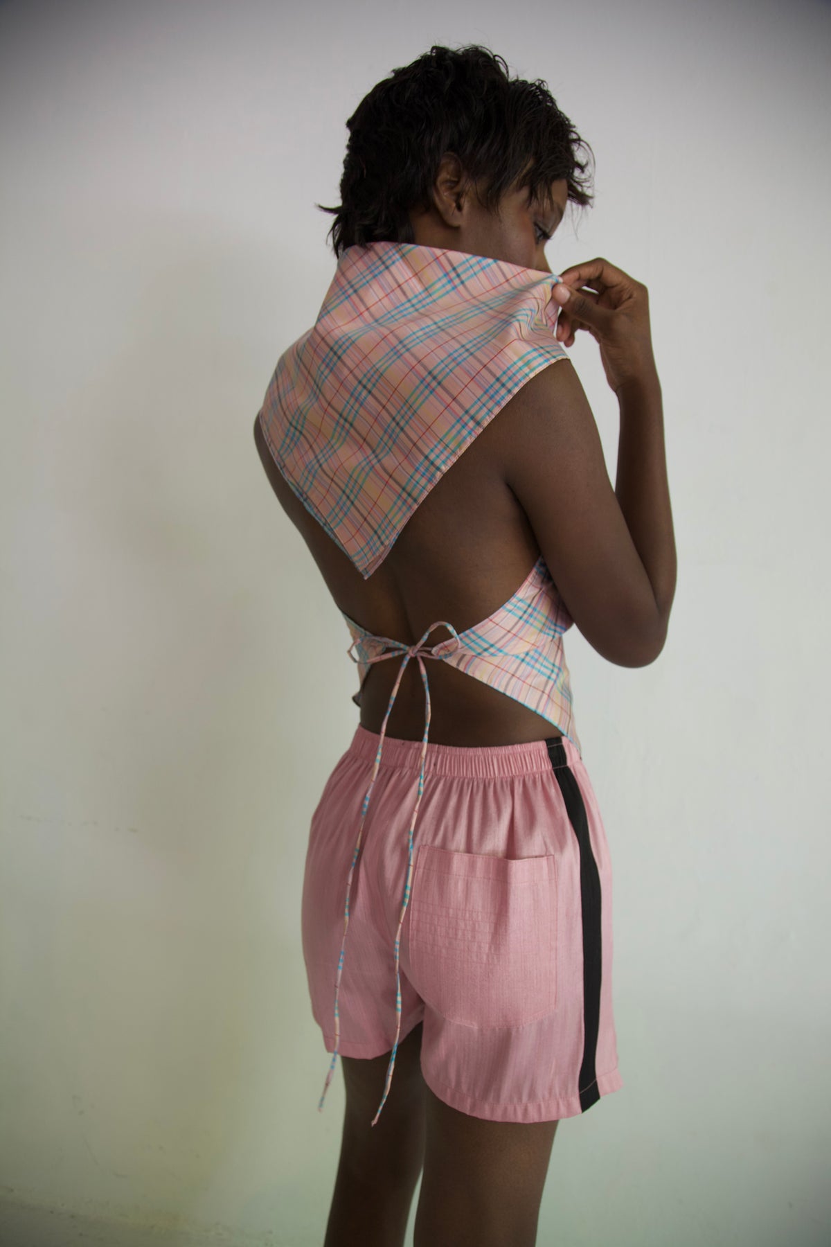 Handwoven Raw Thai Silk Hankie Halter Top (blush plaid)