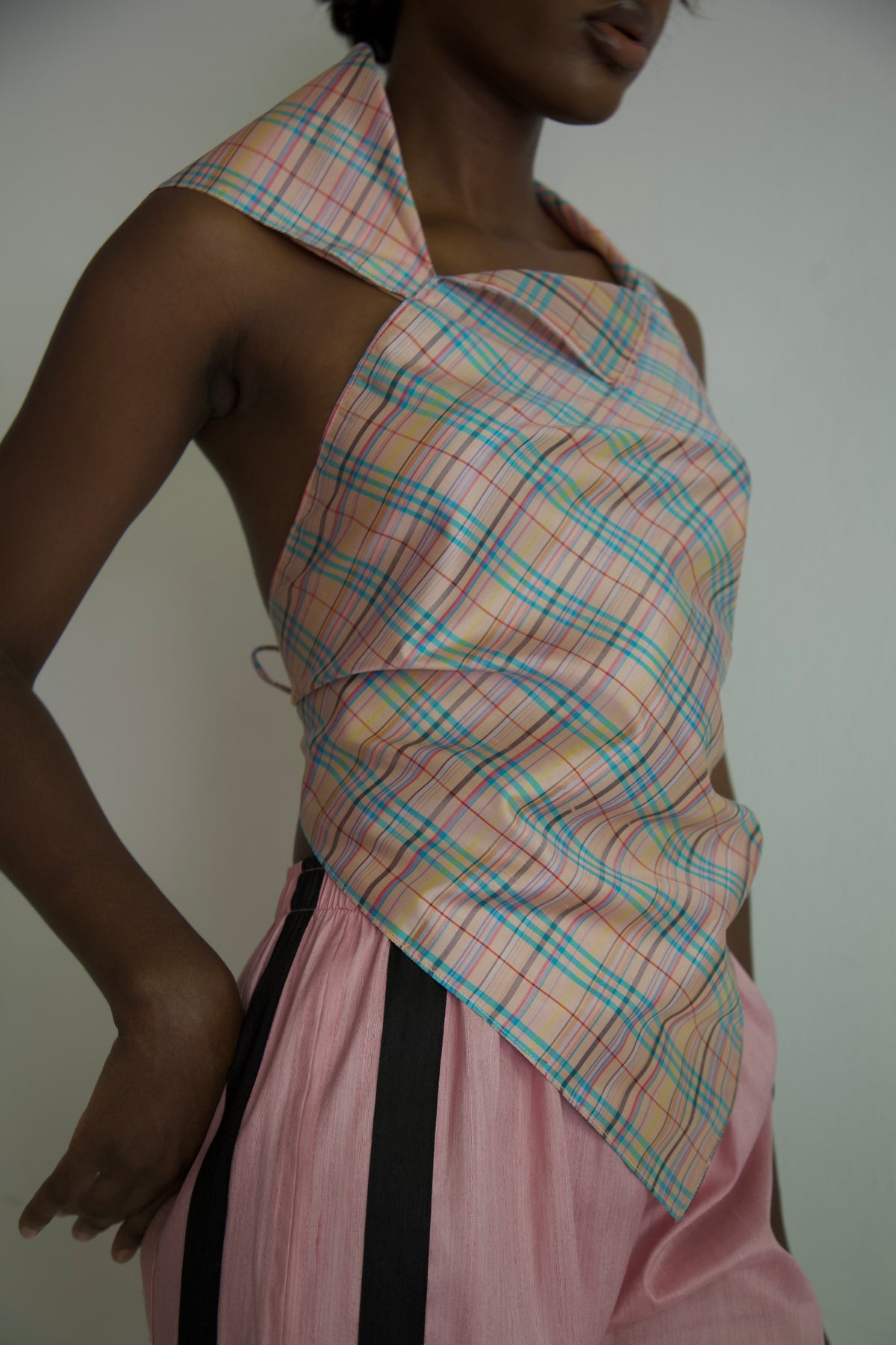 Handwoven Raw Thai Silk Hankie Halter Top (blush plaid)