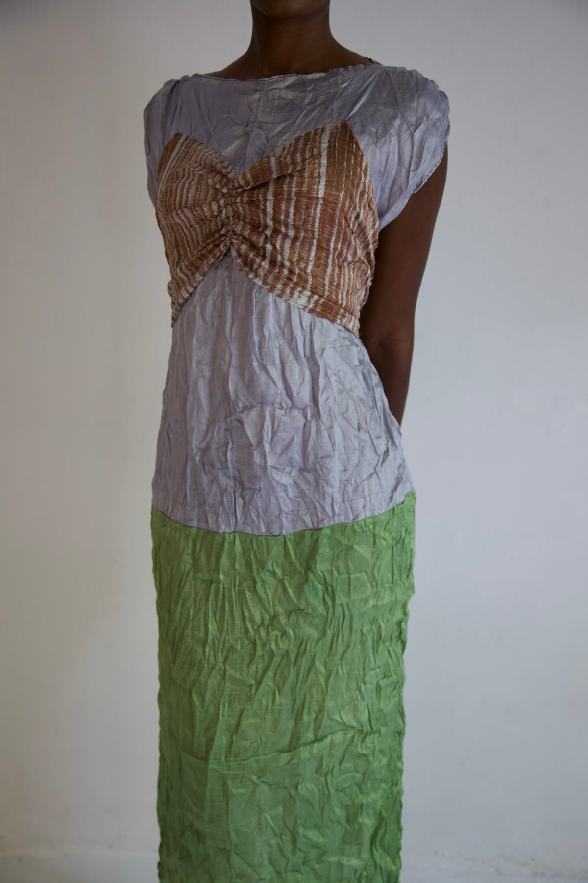 Pieced Hand-Woven Thai Silk Five Scarf Crumpled Tunic Tie Dress (garden view)