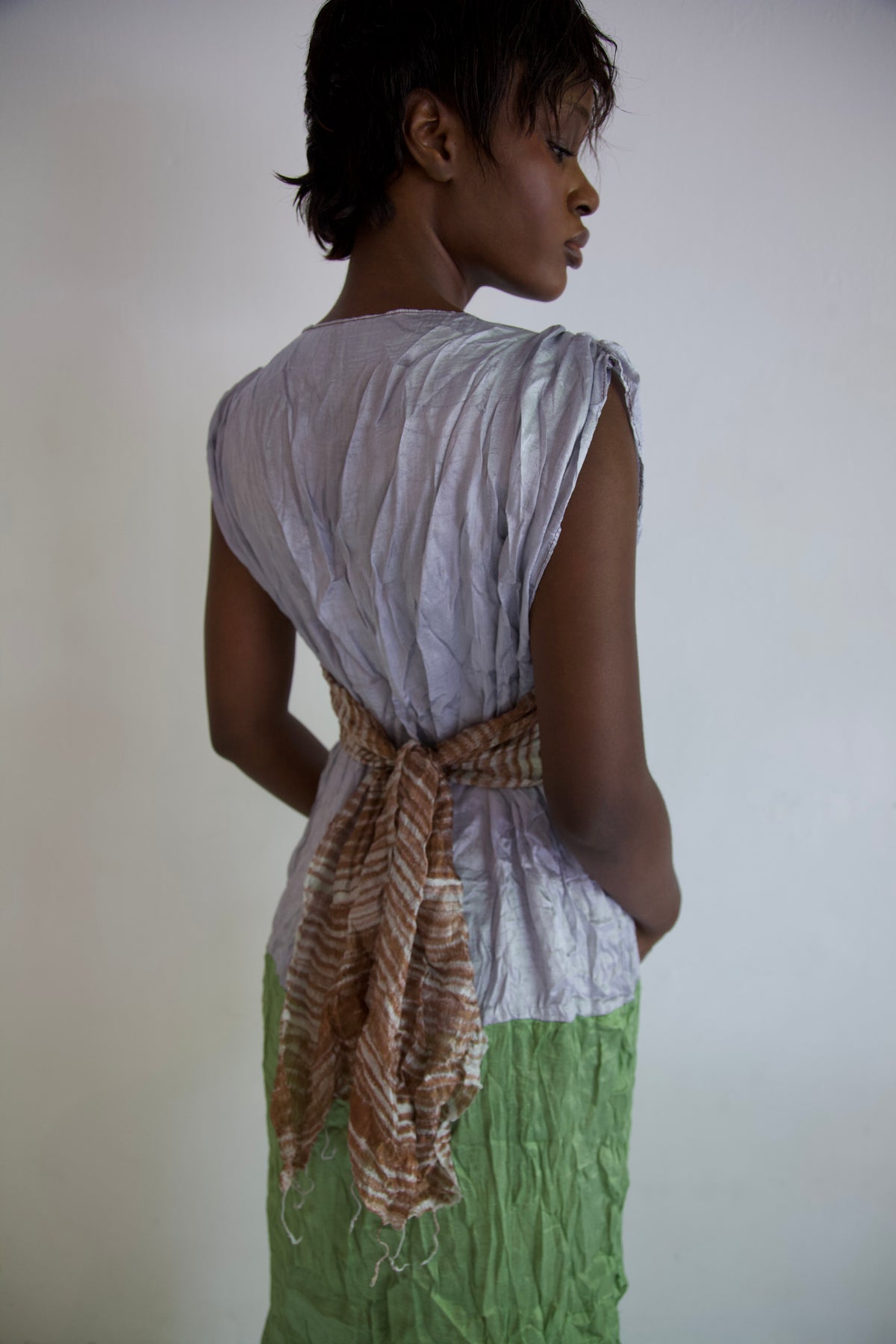 Pieced Hand-Woven Thai Silk Five Scarf Crumpled Tunic Tie Dress (garden view)