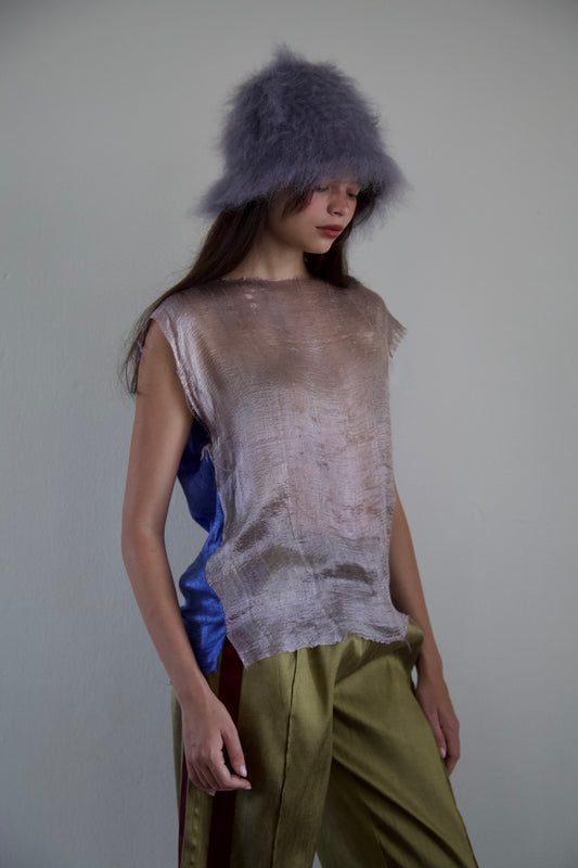 Handwoven Thai Silk Pieced Scarf Distressed Sleeveless Jersey Top (silver + cobalt)