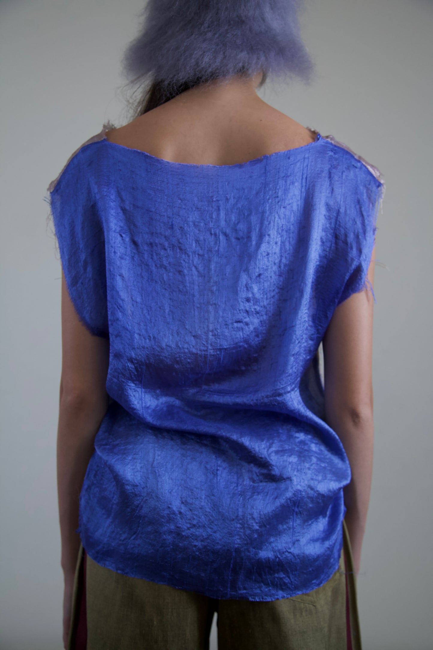 Handwoven Thai Silk Pieced Scarf Distressed Sleeveless Jersey Top (silver + cobalt)