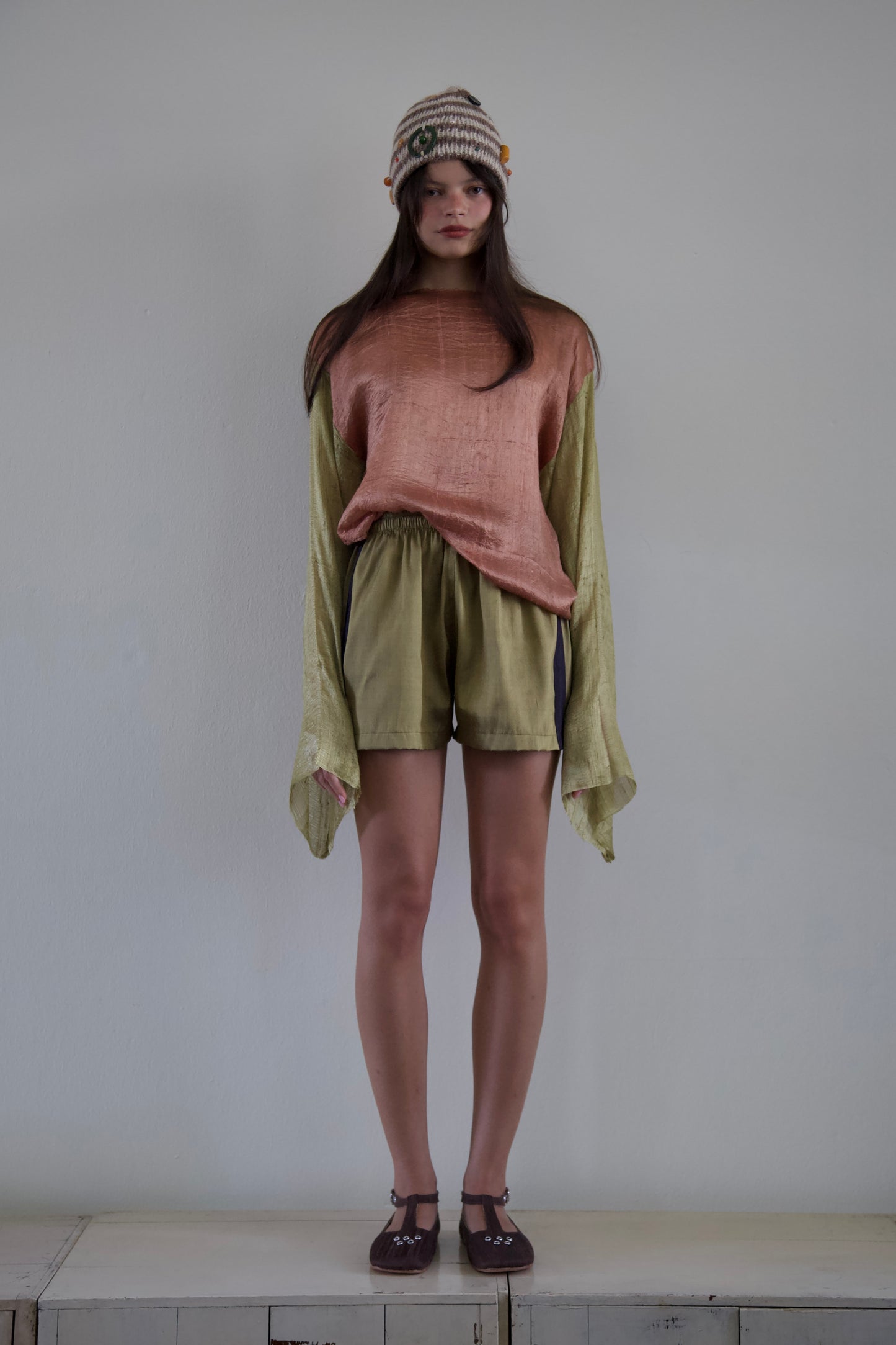 Handwoven Thai Silk Pieced Scarf Distressed Long Sleeve Jersey Top (clay + sprout)