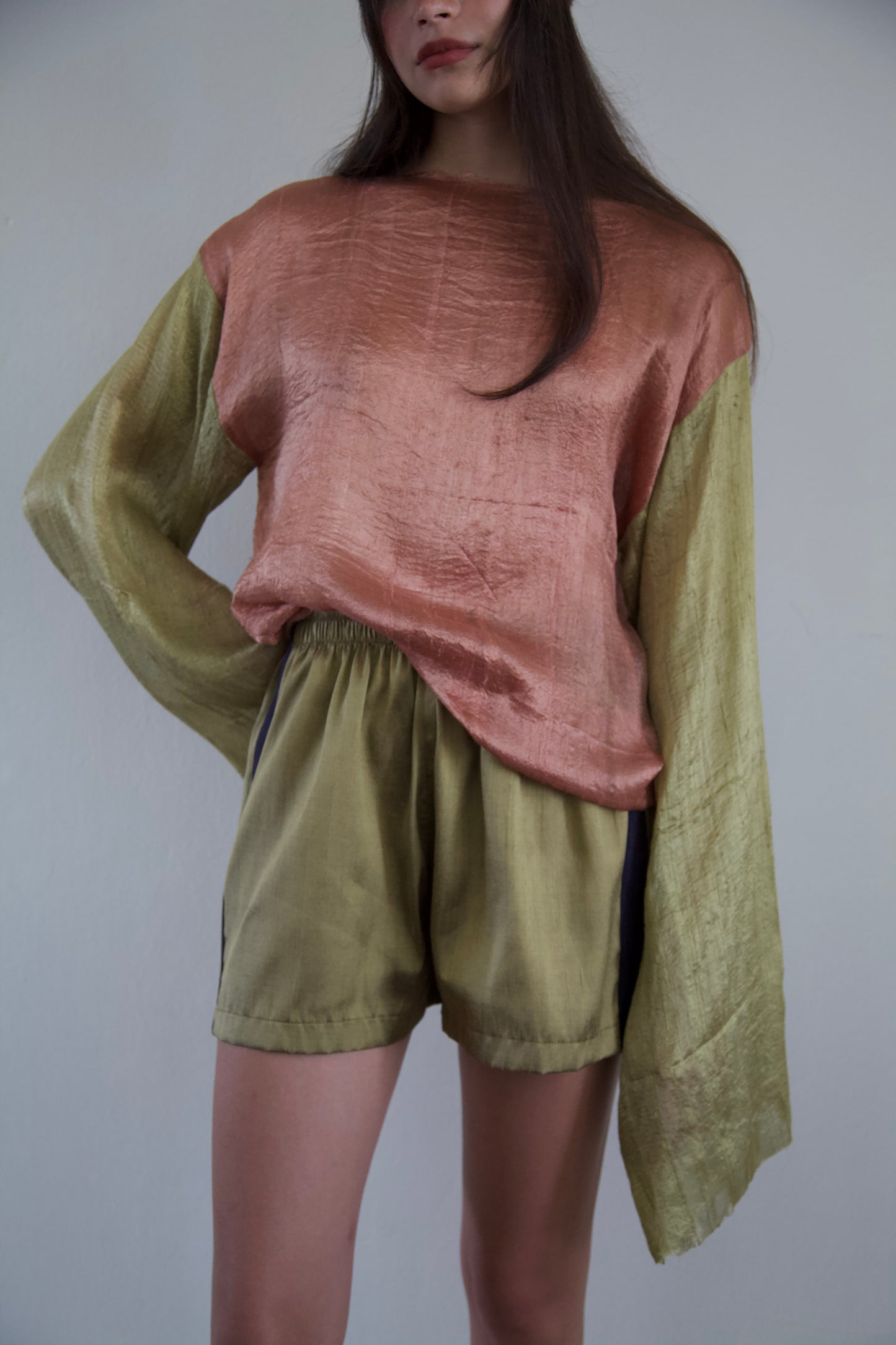 Handwoven Thai Silk Pieced Scarf Distressed Long Sleeve Jersey Top (clay + sprout)