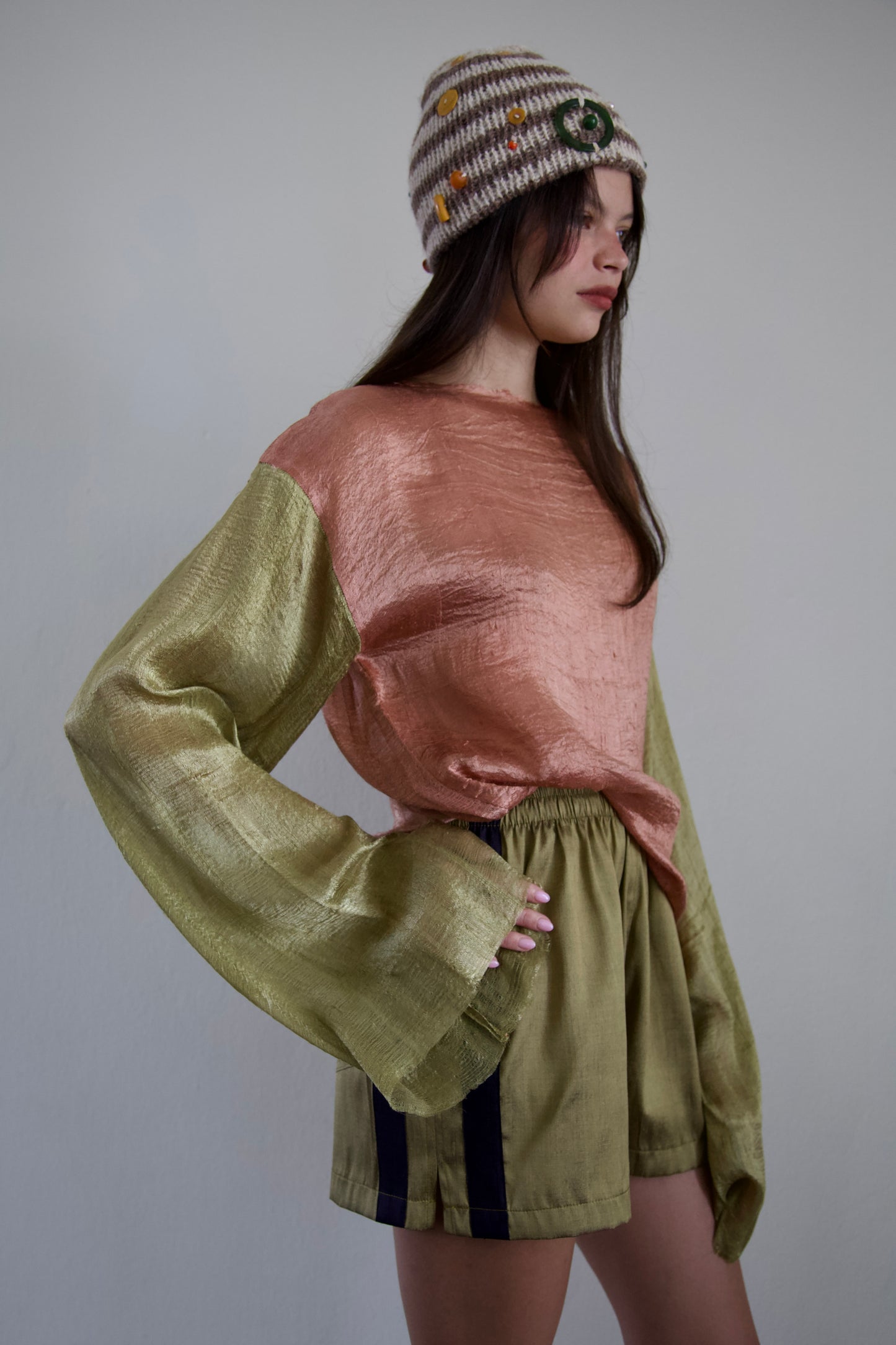 Handwoven Thai Silk Pieced Scarf Distressed Long Sleeve Jersey Top (clay + sprout)